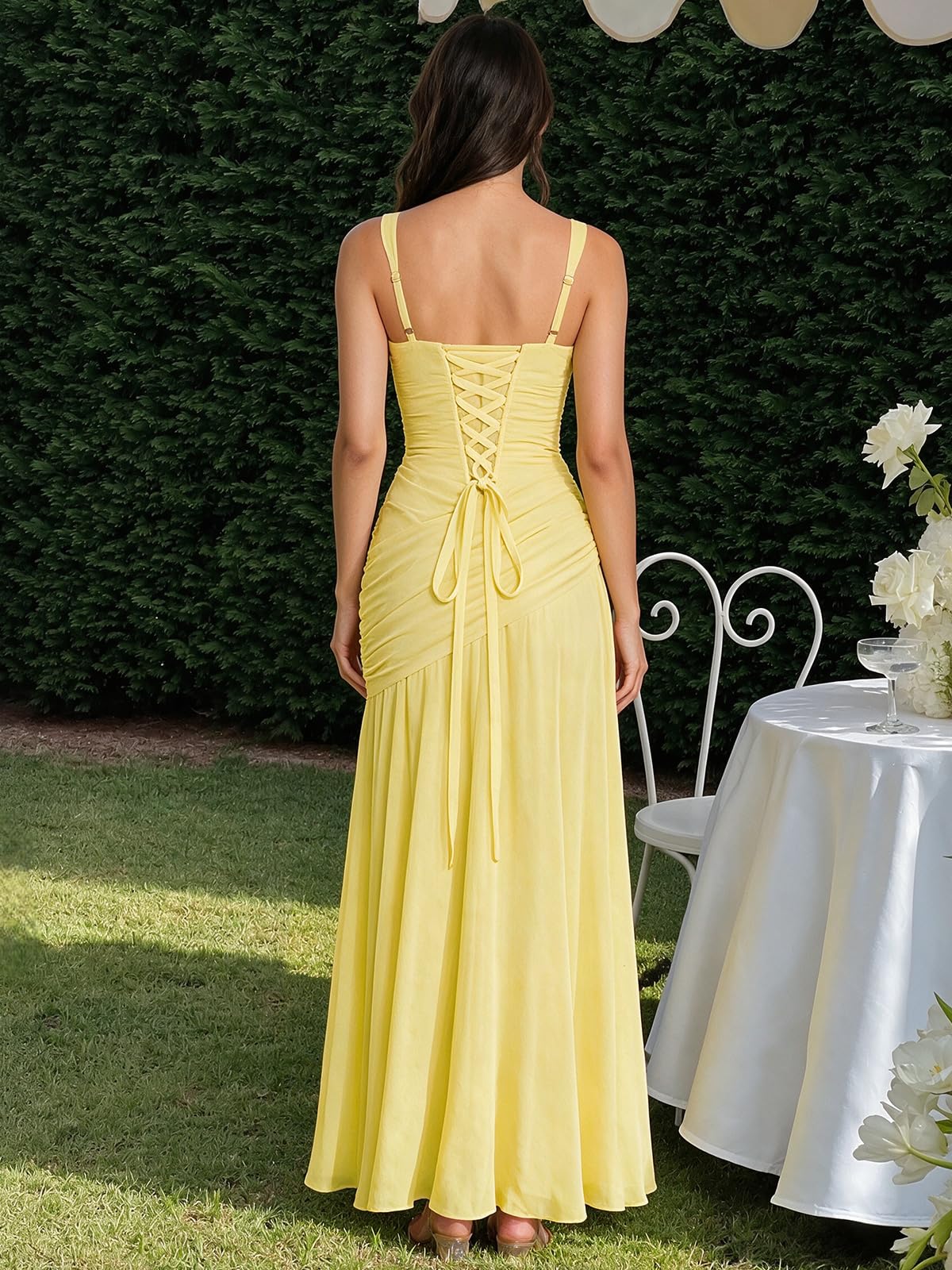 Brautjungfernkleider mit Korsett Schlitz Plissiertem Chiffon Lang A-Linie Formelle Abendkleider