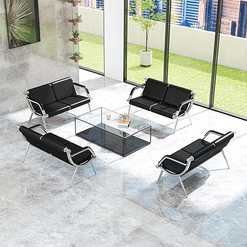 Miniatura 14 de Kinfant Silla de sala de espera, muebles de recepción de oficina con reposabrazos y cojín de piel sintética, silla de invitados de oficina para sala