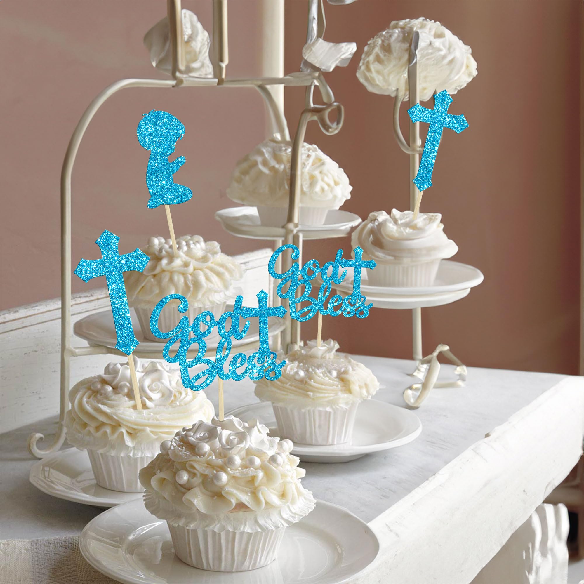 Gyufise 24 decorazioni per cupcake per prima comunione con glitter a forma di torta, croce di Dio benedica, per cupcake cristiani, battesimo del bambino, forniture per feste di compleanno, oro