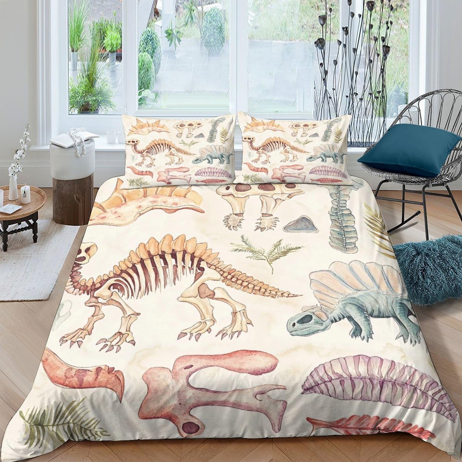 Ctjqhvkz Style-1 3D Printed Dinosaur Skeleton Fitted Sheet Microfiber Beige Cartoon Bed Cover For Bedroom Dorm Mattress Protection Decor Single（135X200cm）