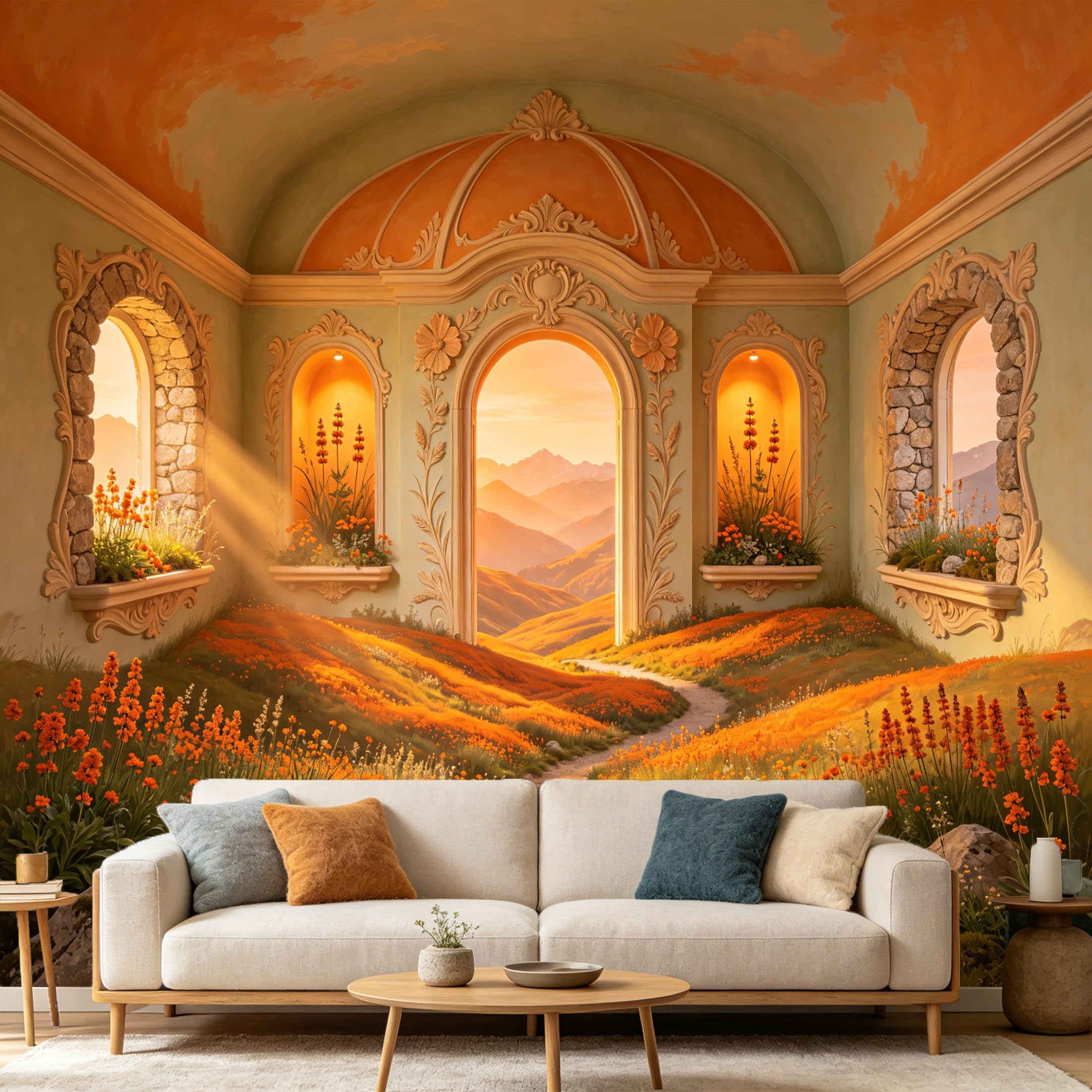 Custom Size Wall Mural， Sunset Mountain Archway Mediterranean Landscape， SelfAdhesive Art Prints wall Fabric Removable Large Wallpaper Home Living Room Decor Aesthetic