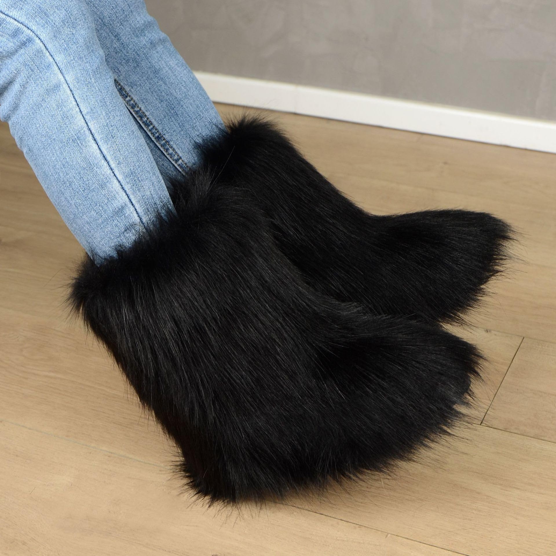 Mujer Linda Fluffy Botas Caliente Invierno Botas de Nieve with Faux Raccoon Piel Zapatos Outdoor