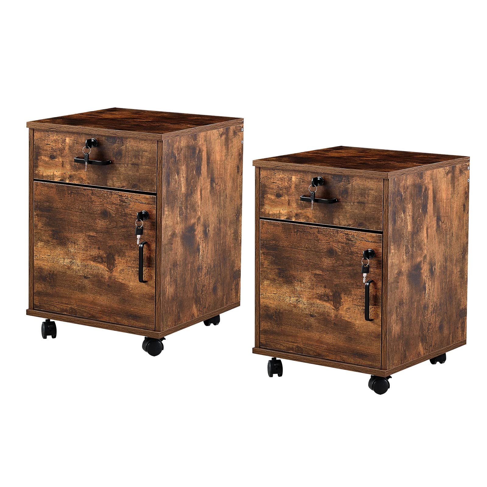 TUKAILAi 2PCS Locking Office Filing Cabinet Cupboard Rolling Storage with 1 Drawer and 1 Cabinet Storage Box with Wheels for Legal Letter Files Anti-Tilt Design For Home Office Brown