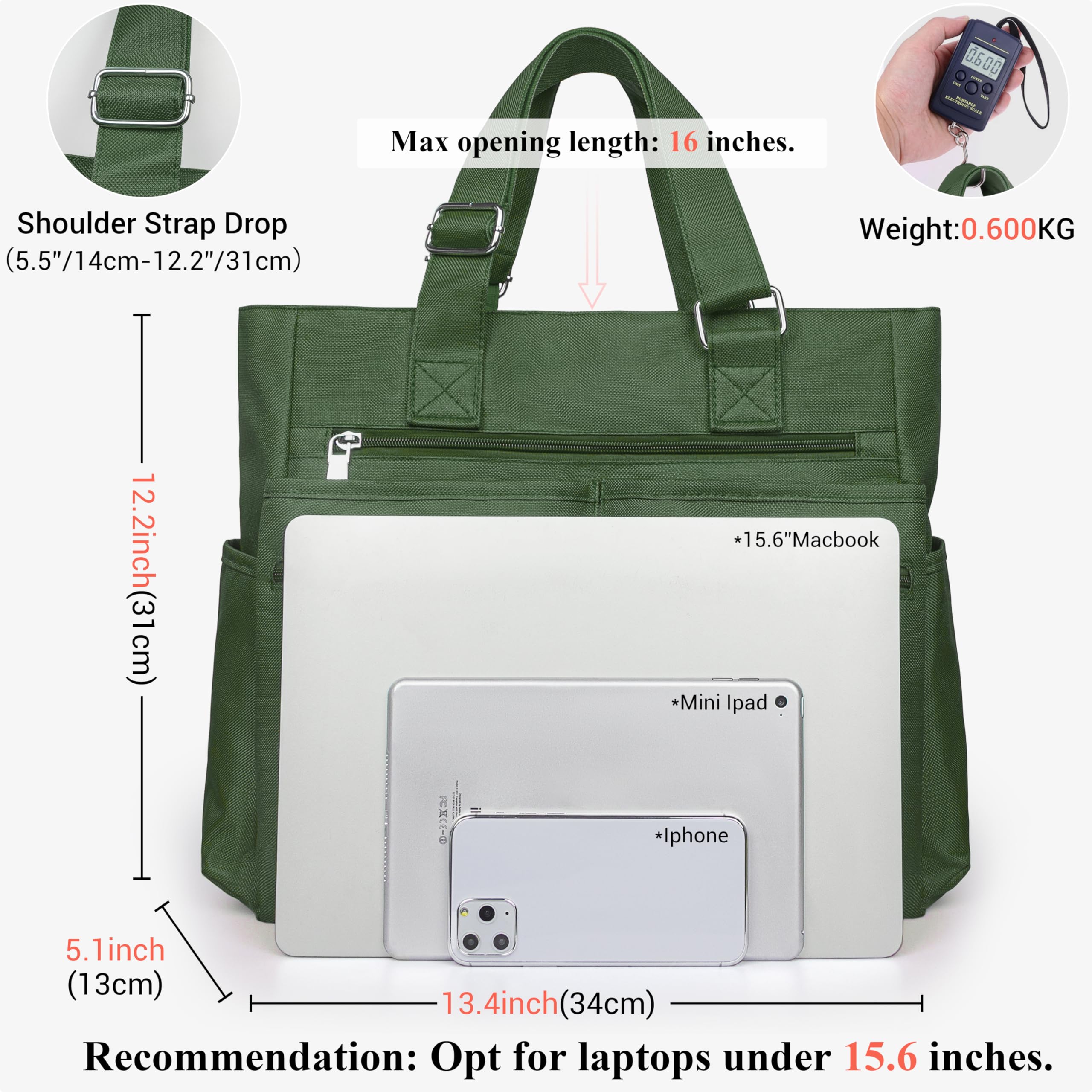 VOLGANIK ROCK Canvas Tote Bag Waterproof Nylon Multi Pocket Shoulder Bags Laptop Work Bag Teacher Purse Handbag for Women Men: Army Green