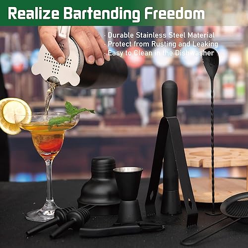 Miniatura 5 de Juego de coctelera con soporte giratorio de bambú, juego de 11 herramientas de barra de acero inoxidable con folleto de recetas (negro escarchado)