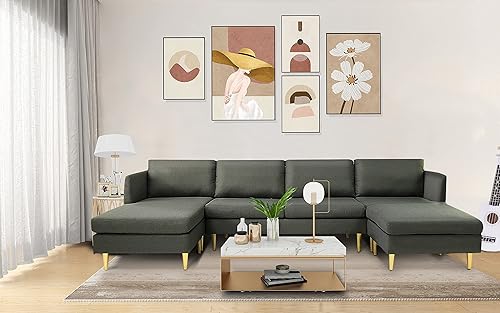 OYN Sofá modular convertible en forma de U con diván largo y otomano móvil, moderno sofá tapizado de esquina con patas de metal alto para el hogar,