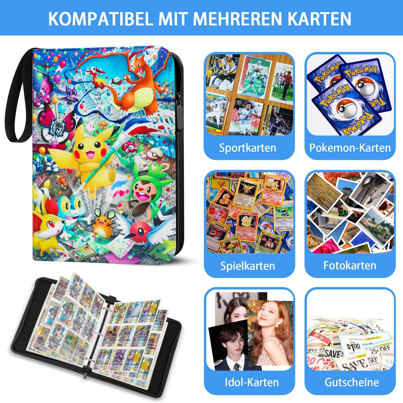 Sammelkarten Album for pokemon - 900 Karten Kapazität Sammelalbum Groß | 50 Doppelseitig,9 Taschen/Seite,Wasserdicht Hefter,PU-Leder,mit Reißverschluss,perfekt für Sammler