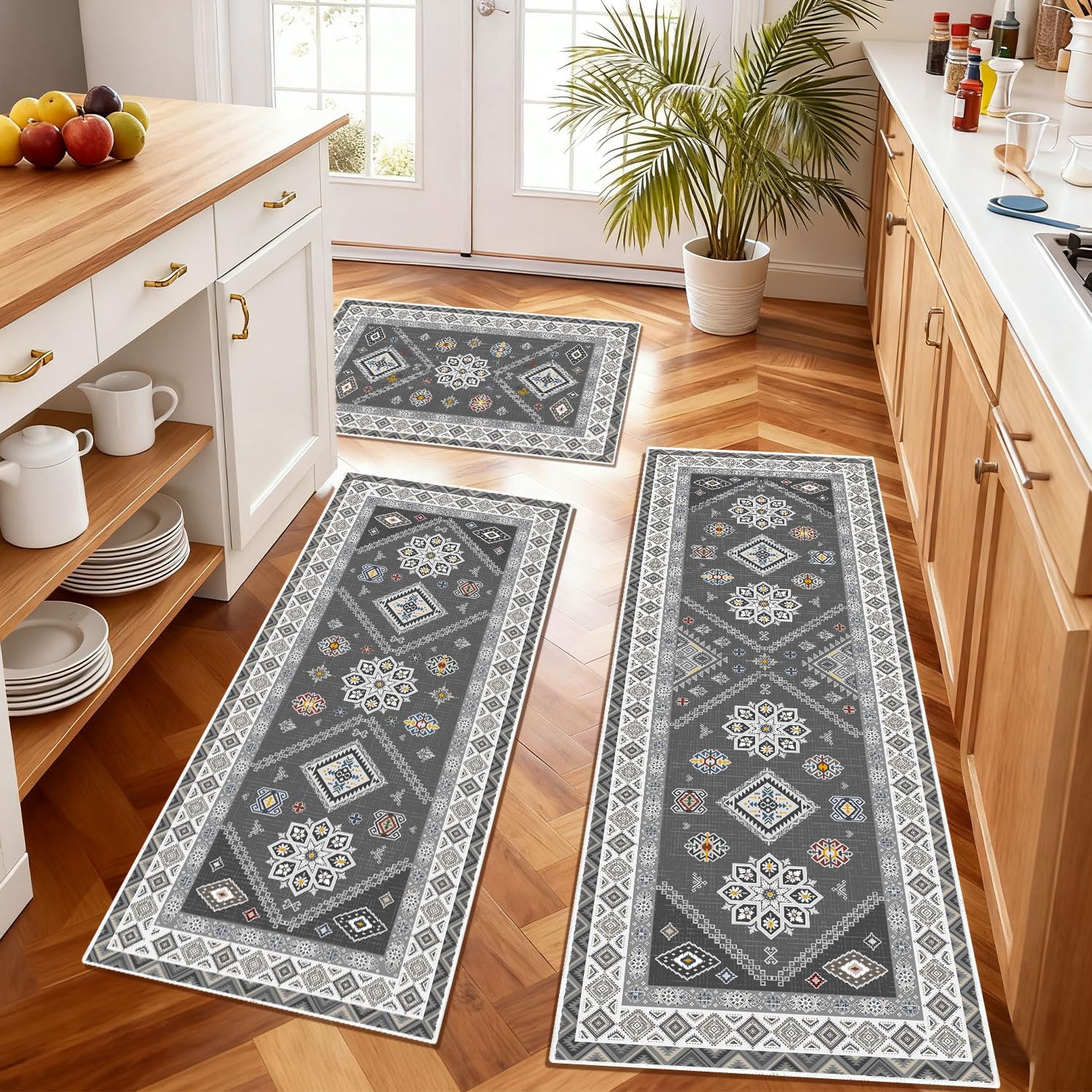 Boho Kitchen Rugs 3 Piece Set Washable Non-Slip Floor Mats, Farmhouse Decor Soft Runner Carpet for Hallway, Laundry Room, Indoor Entryway (Gray, 20"x32"+20"x47"+20"x59")
