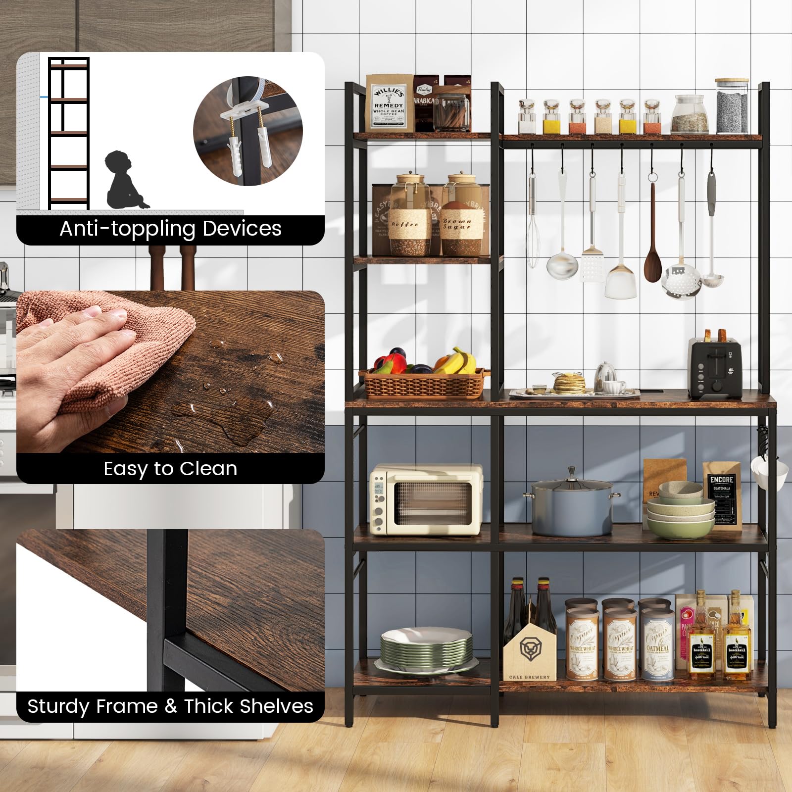 GOPLUS Estantería de Cocina con 5 Estantes y 10 Ganchos, Estante Ahorrador de Espacio para Microondas, Estante Multiusos para Panadería con 6 Patas Regulables, Estilo Industrial, 107 x 37 x 160 cm