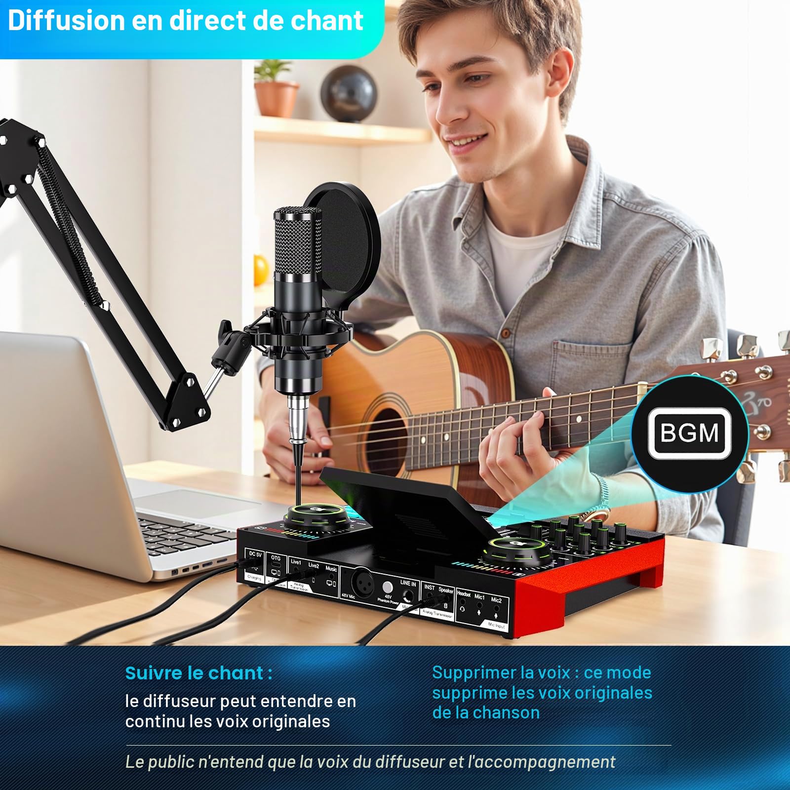 tenlamp Équipement Podcast avec Table de Mixage Audio et Microphone Condensateur 3.5mm, pour PC et Smartphone, Chant en Direct Live, Création de Contenu Gaming, Soundboard avec Changeur de Voix