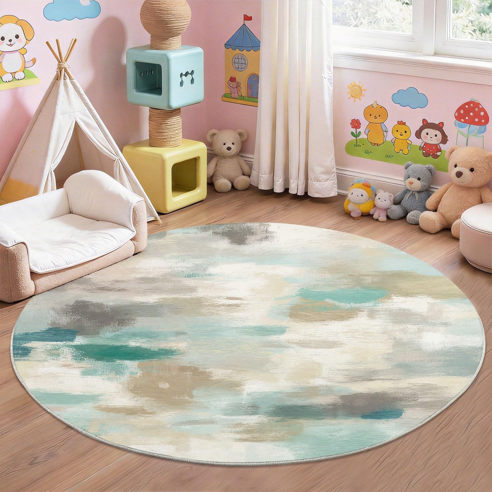 Okrągły dywan 120 cm Minimalistyczny Nordic Blue Canard Grey Kolorowe klocki Okrągły dywan, miękki, antypoślizgowy, nadający się do prania - Nadaje się do sypialni, wejścia, jadalni, pokoju rodzinnego