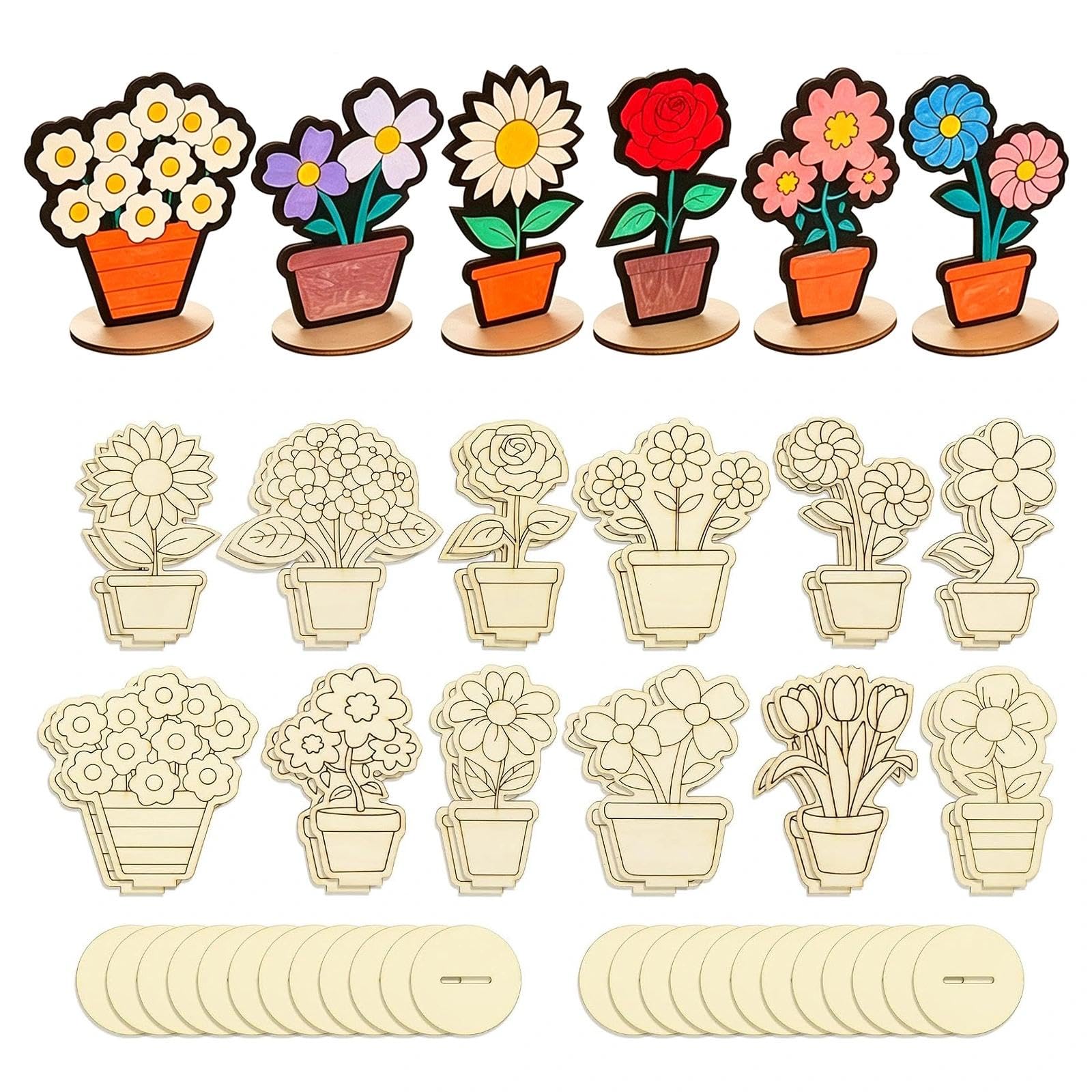 24Pcs Wooden Flower Craft Kit Unfinished Wooden Ornaments for Painting