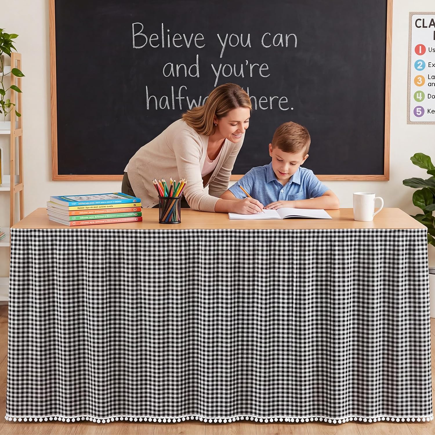 Tudomro Teacher Desk Skirt Table, Tassel, 6ft, Black and White Gingham image 3