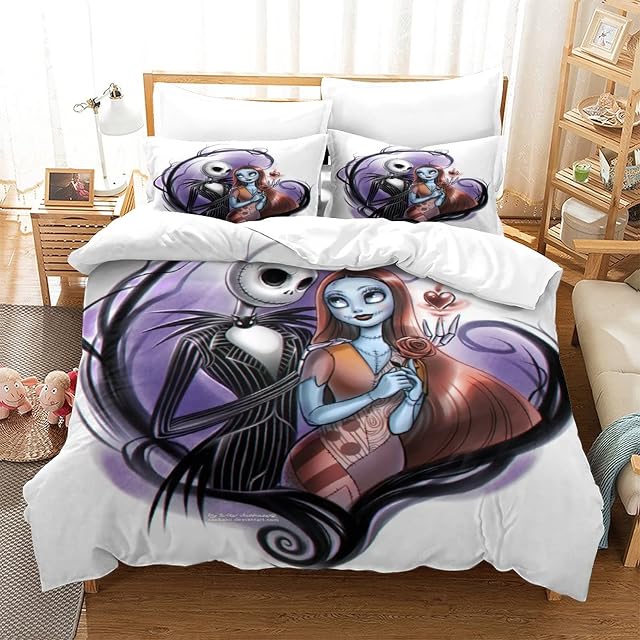 Nightmare Before Christmas Duvet Cover with Pillowcases Jack And Sally Cartoon Bedding Set with Zipper Closure Luxury Soft Microfiber Quilt Covers for Kids Teens Adults Double200x200cm