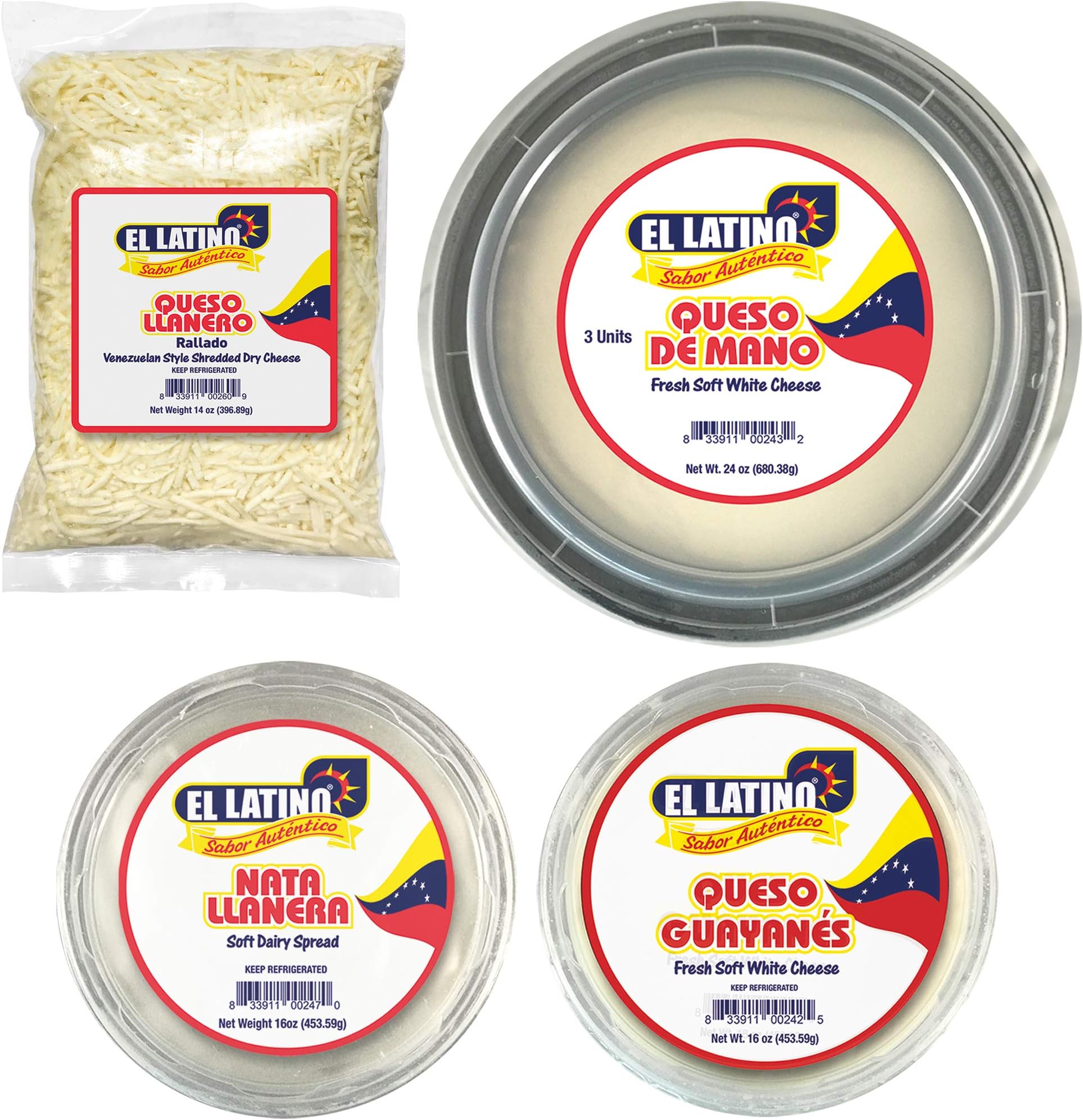 El Latino Venezuelan cheeses, queso de mano, guayanes, llanero and Nata pack.
