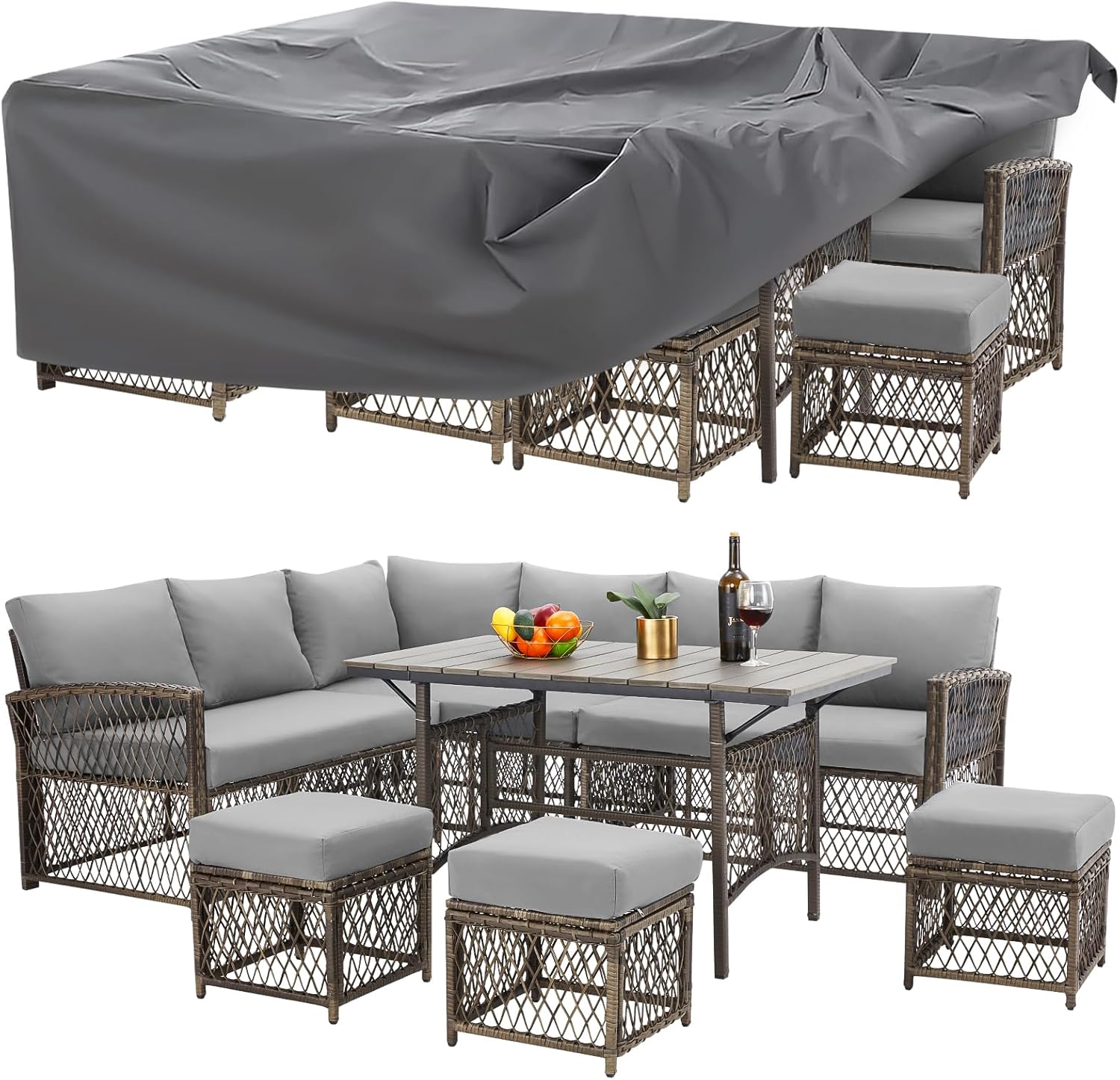UMAX Patio Furniture Set with Cover, 7 Pieces Wicker