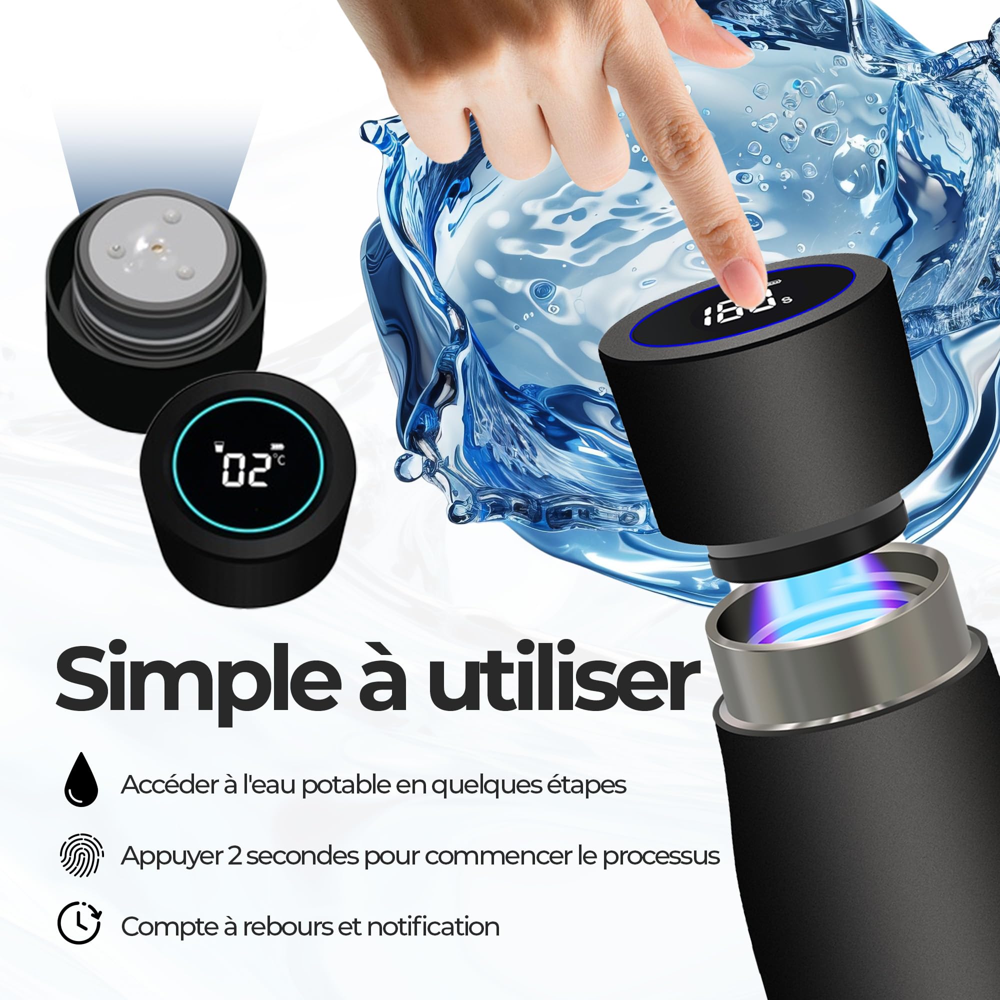 Iconique Gourde en acier inoxydable avec filtre UV | 500ml | Noir | Purificateur D'eau Autonettoyant, Couvercle Avec Affichage LED De La Température, Fonction De Rappel D'hydratation