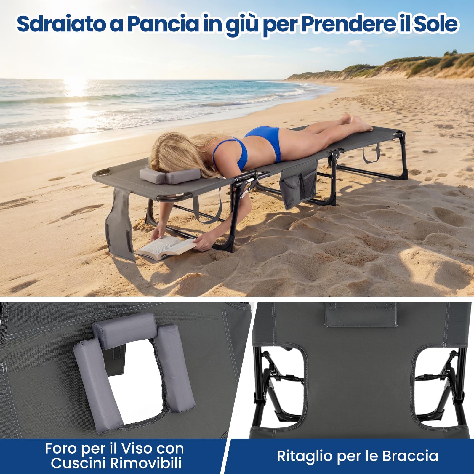 COSTWAY Lettino Prendisole da Spiaggia, Sdraio Mare Pieghevole Portatile con Foro per Viso e Braccia, Cuscino e Tasche Laterali, Schienale Regolabile 4 Posizioni, Portata 150 kg (Grigio)
