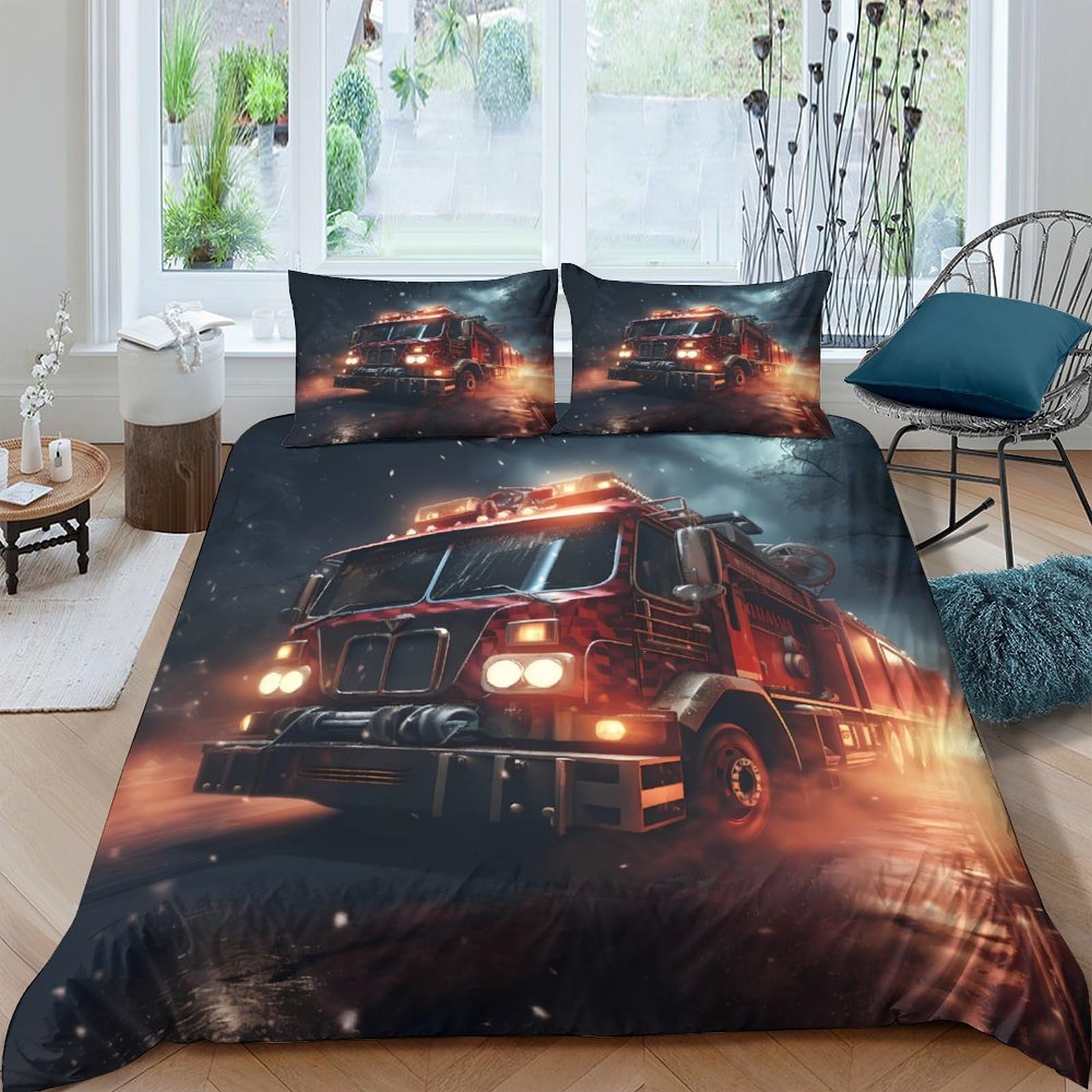 Ctjqhvkz Style-8 3D Printed Fire Truck Fitted Sheet Microfiber Soft Red Truck Bed Cover For Bedroom Decor Dorm Mattress Protection Single（135X200cm）