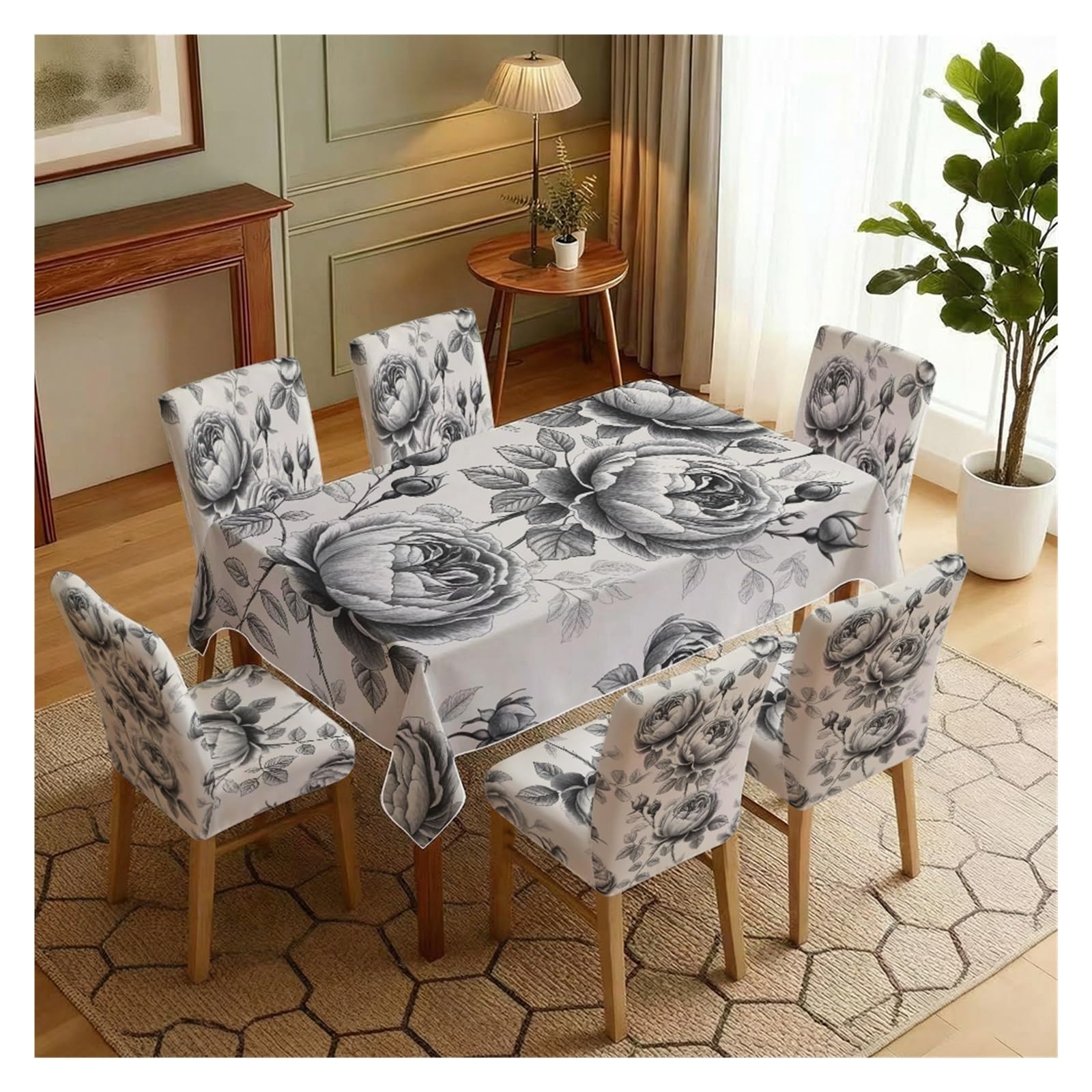 BOSUYBN Black White Sketch Rose Print Dining Tablecloth & Chair Cover Set, 5/7 Piece Floral Slipcovers For Dining Room Table Setting(7pcs Set: Tablecloth+Chair Covers)