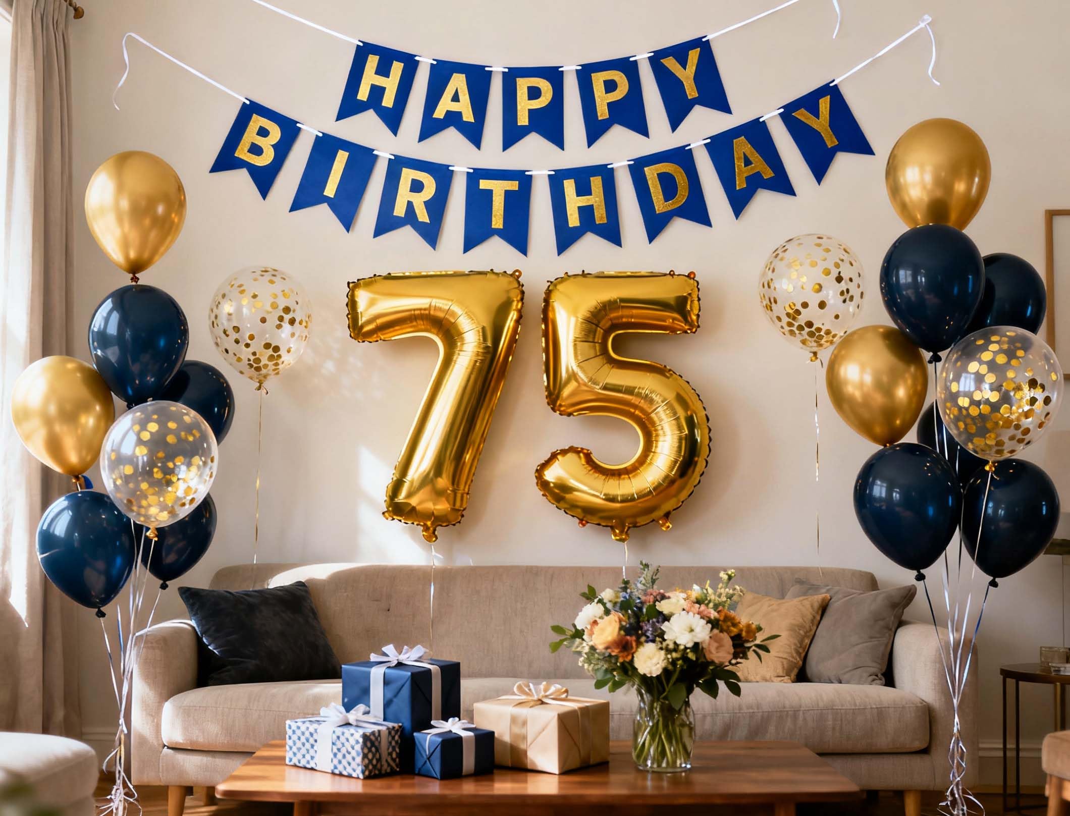 75th Birthday Decorations for Men Women, Navy Blue Gold Happy 75 Birthday Banner Latex Confetti Balloons with Number 75 Foil Balloons for 75 Years Old Anniversary Party Decor Supplies(75h)