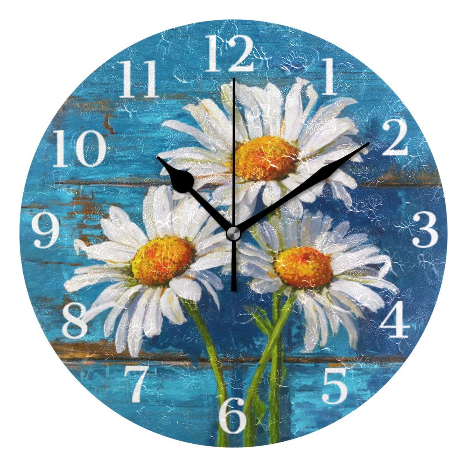 Ensound White Daisies Corn Poppy Wall Clock Silent Non-Ticking Battery Operated Clocks 12 Inch for Kitchen Home Living Room