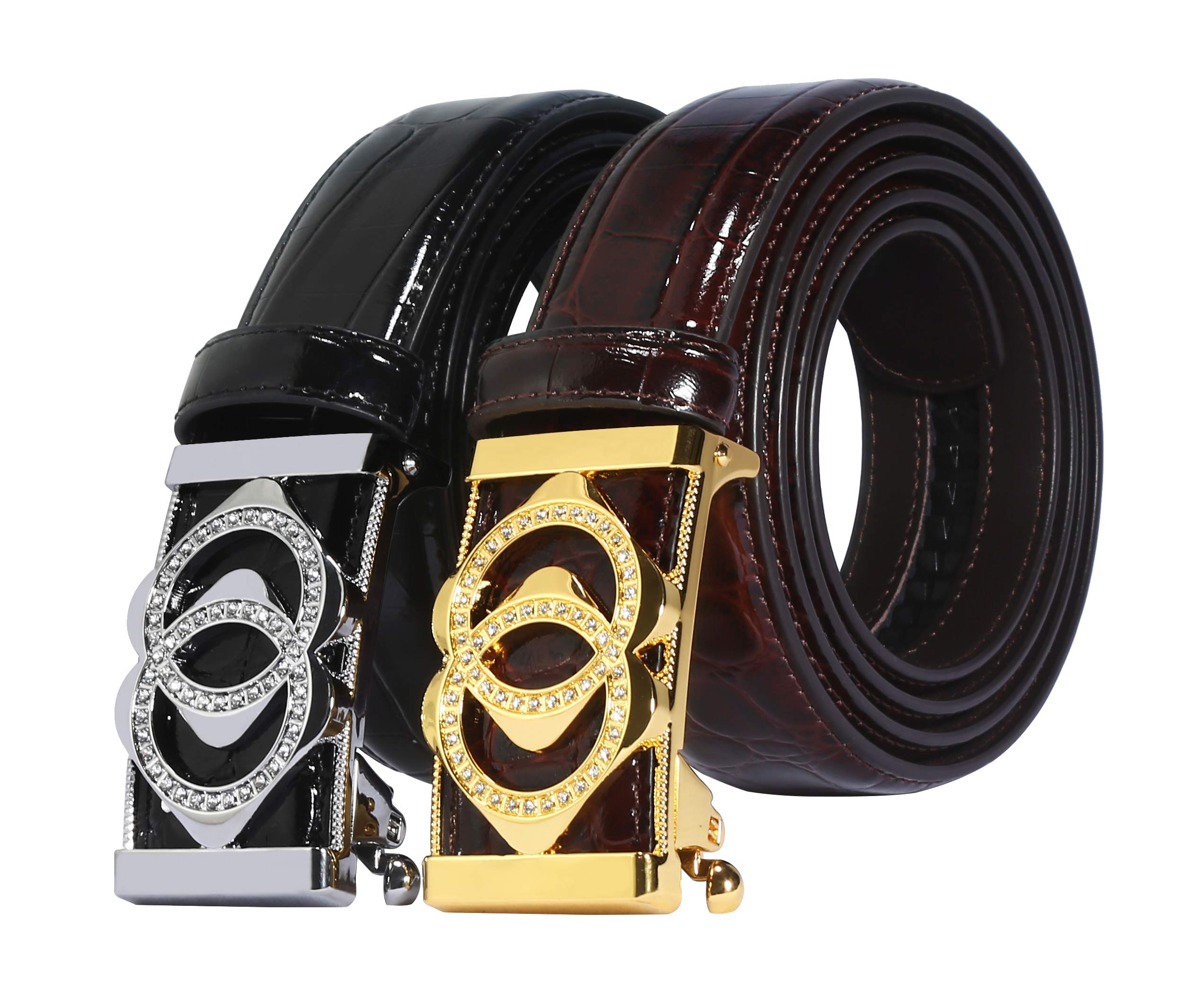Men's Diamond Automatic Buckle Crocodile Pattern Italian Leather Belt (Black Gold, 120cm/47.3inch(Fit 26-44)(Can be cut))