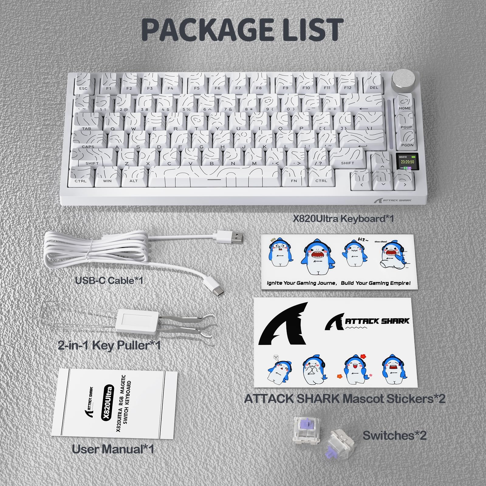 ATTACK SHARK X820 Ultra Teclado Mecánico Inalámbrico con Pantalla TFT Inteligente y Perilla, Teclado Gaming Hot Swappable 75%, BT/2.4G/Cableado, LED RGB, Keycaps PBT (Contornos Blancos - Gift Switch)