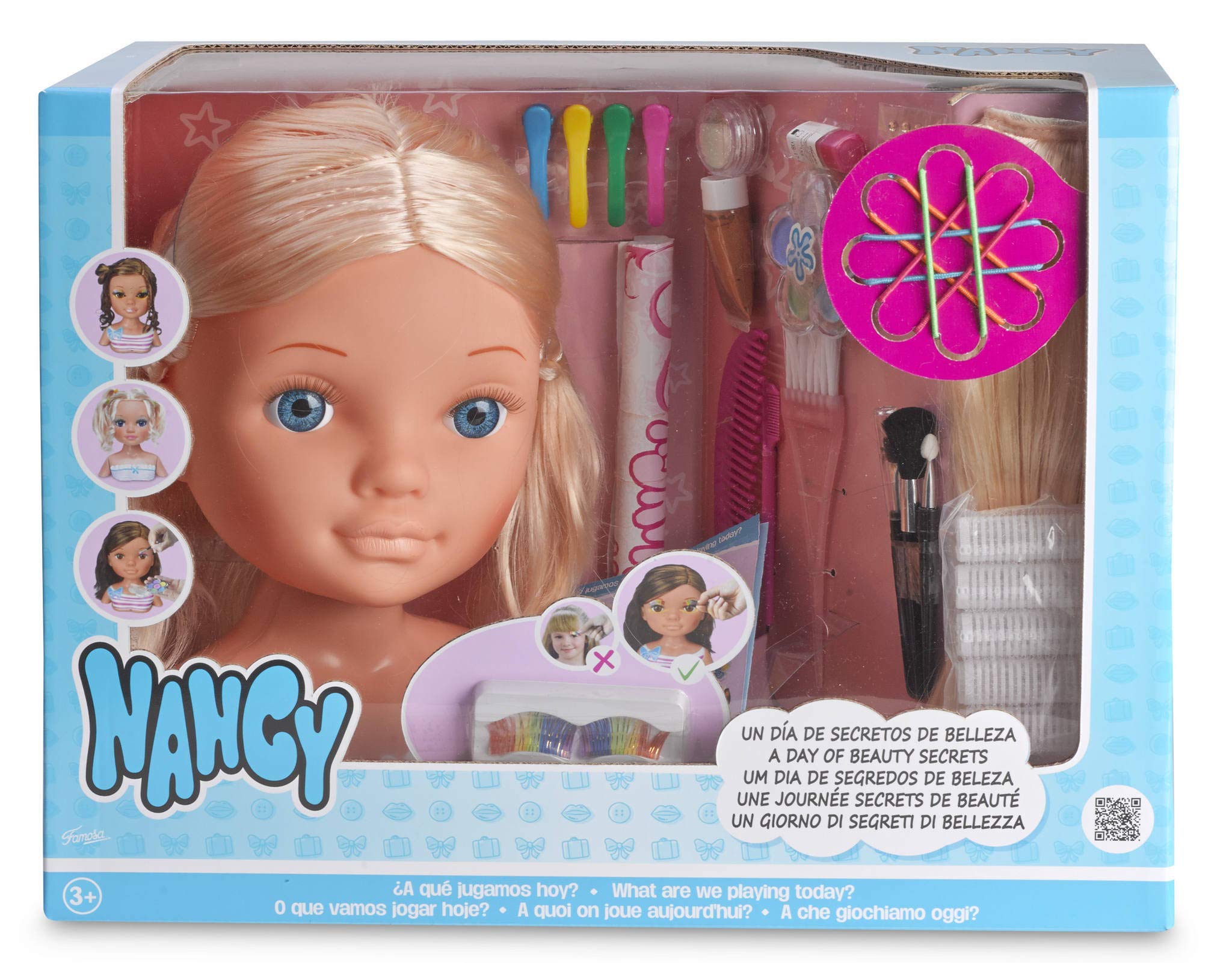 Nancy Un día de Secretos de Belleza Rubia, Busto de muñeca con el Pelo Largo para peinar y maquillar, con Accesorios de Belleza como peines, Brochas, Pestañas postizas o Pegatinas, Colores Surtidos