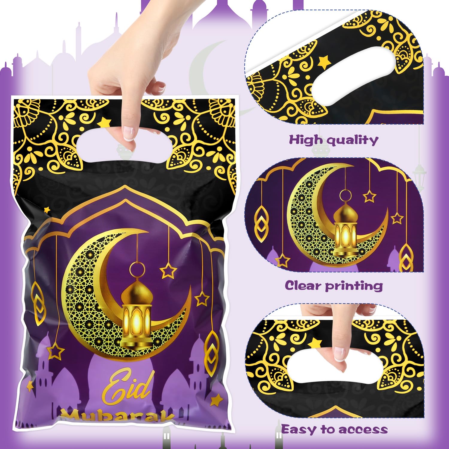 50pcs Eid Mubarak Gift Bags with Die Cut Handles, 4 designs - Golden Crescent Moon Lantern Muslim Mosque Print Goodie Candy Snack Plastic Gift Bags Pouch for Eid Al-fitr Ramadan Islamic Diwali Party