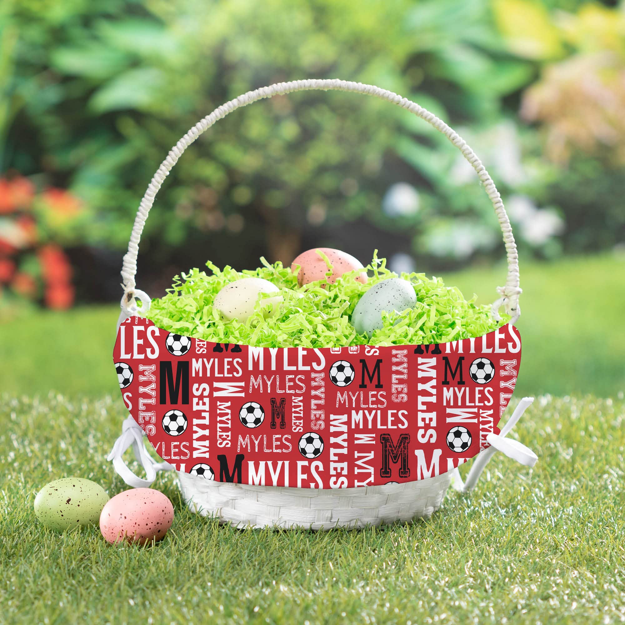 Personalized Soccer Easter Egg Basket with Handle and Custom Name | Red Easter Basket Liners | White Basket | Woven Easter Baskets for Kids | Customized Easter Basket