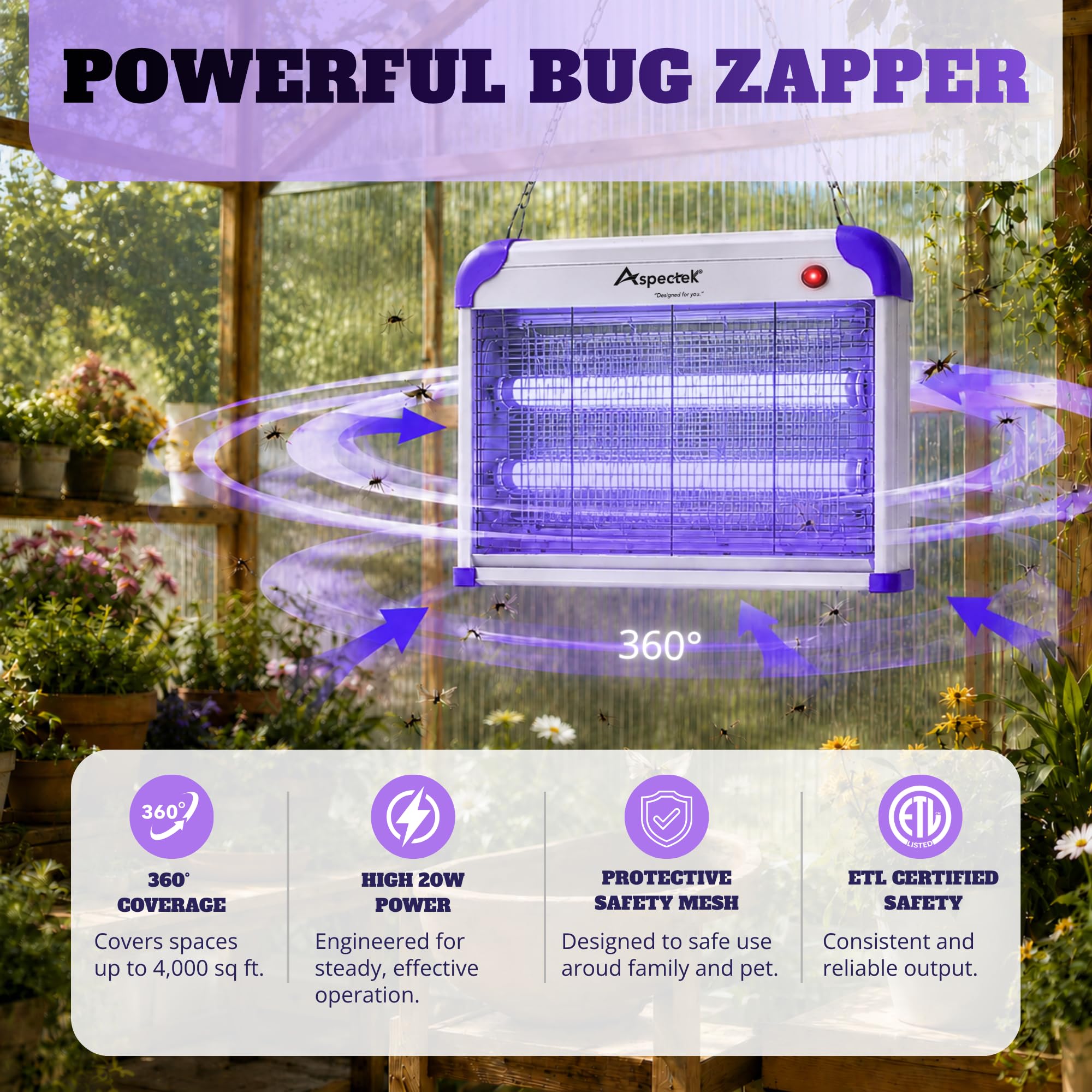 ASPECTEK Lila Insektenvernichter Elektrisch, 2800V Mückenlampe mit 20W UV-Lampe. Tötet Mücken, Motten, Fliegen. Mit 2 Ersatz - Glühbirnen, ideal für Haushalt