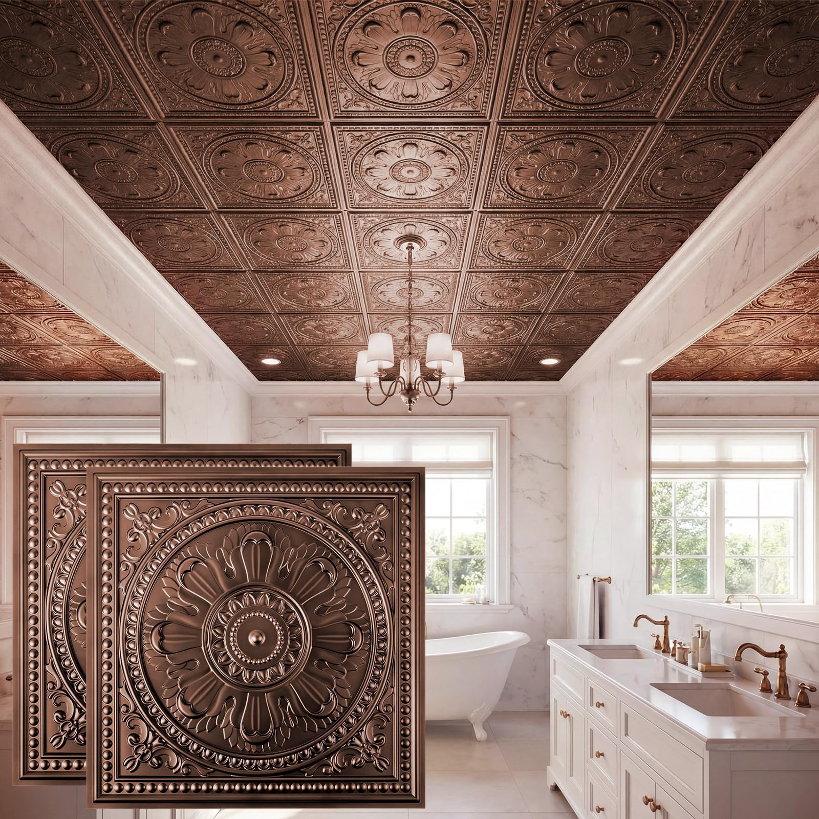 Hahafelt 16 Pack 2' x 2' Vintage Drop Ceiling Tiles PVC Panels Decorative Glue up Plastic Ceiling Tiles Waterproof for Home Commercial, Covers 64 Sq. Ft, Antique Copper