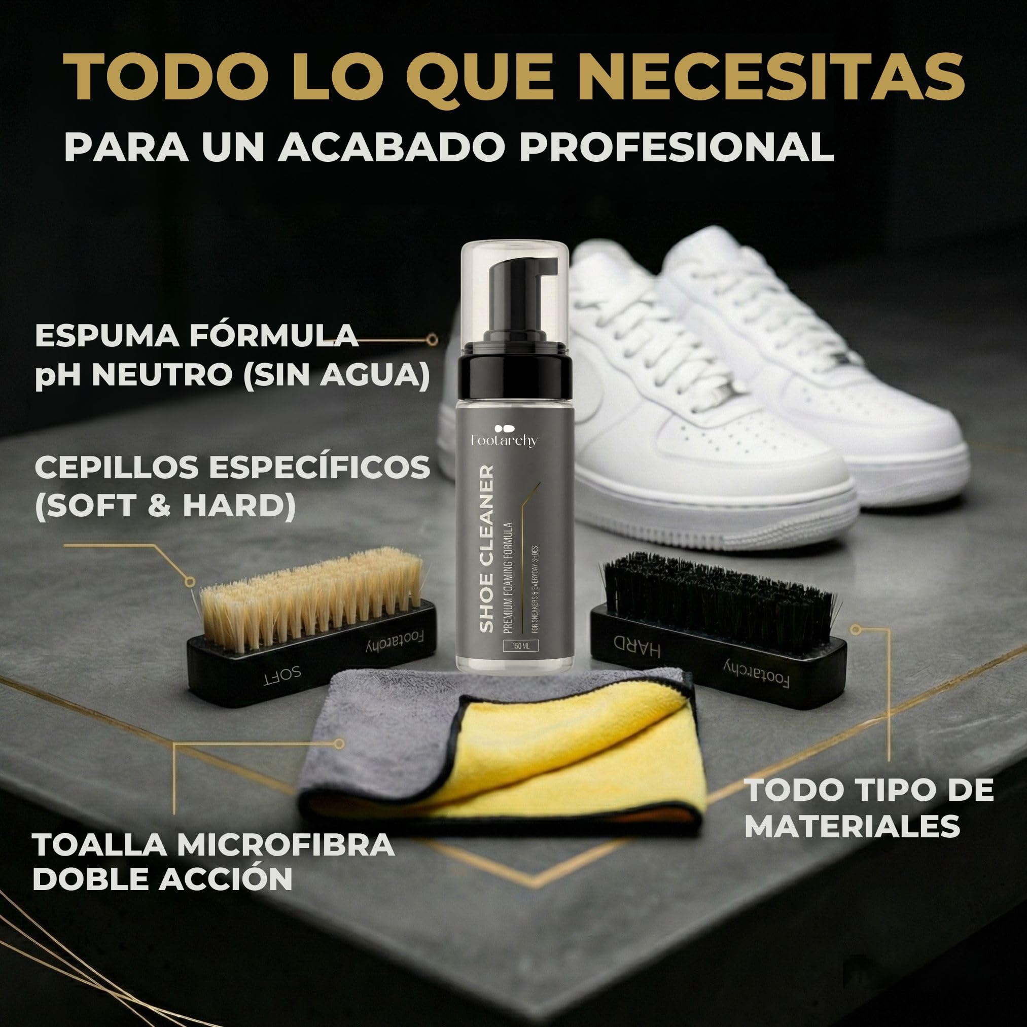 Footarchy Kit Limpieza Zapatillas Profesional - Espuma 150ml con 2 Cepillos (Soft y Hard) y Microfibra Doble Cara, Ideal para Cuero Goma Plastico y Suelas - Limpiador Zapatos sin agua — view 3