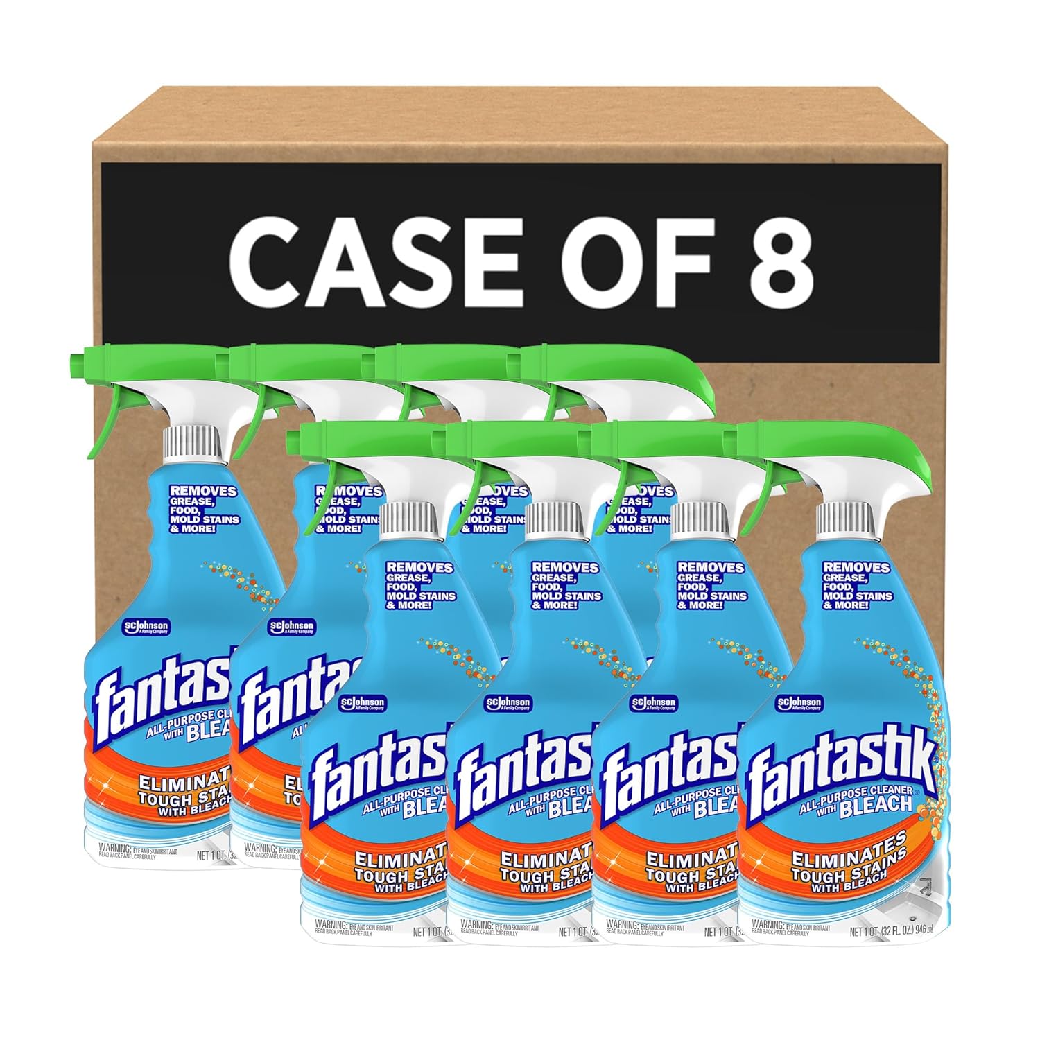 SC Johnson Professional Fantastik All-Purpose Cleaner with Bleach, Fresh Clean Scent, 32oz Trigger Bottle, Case Pack of 8