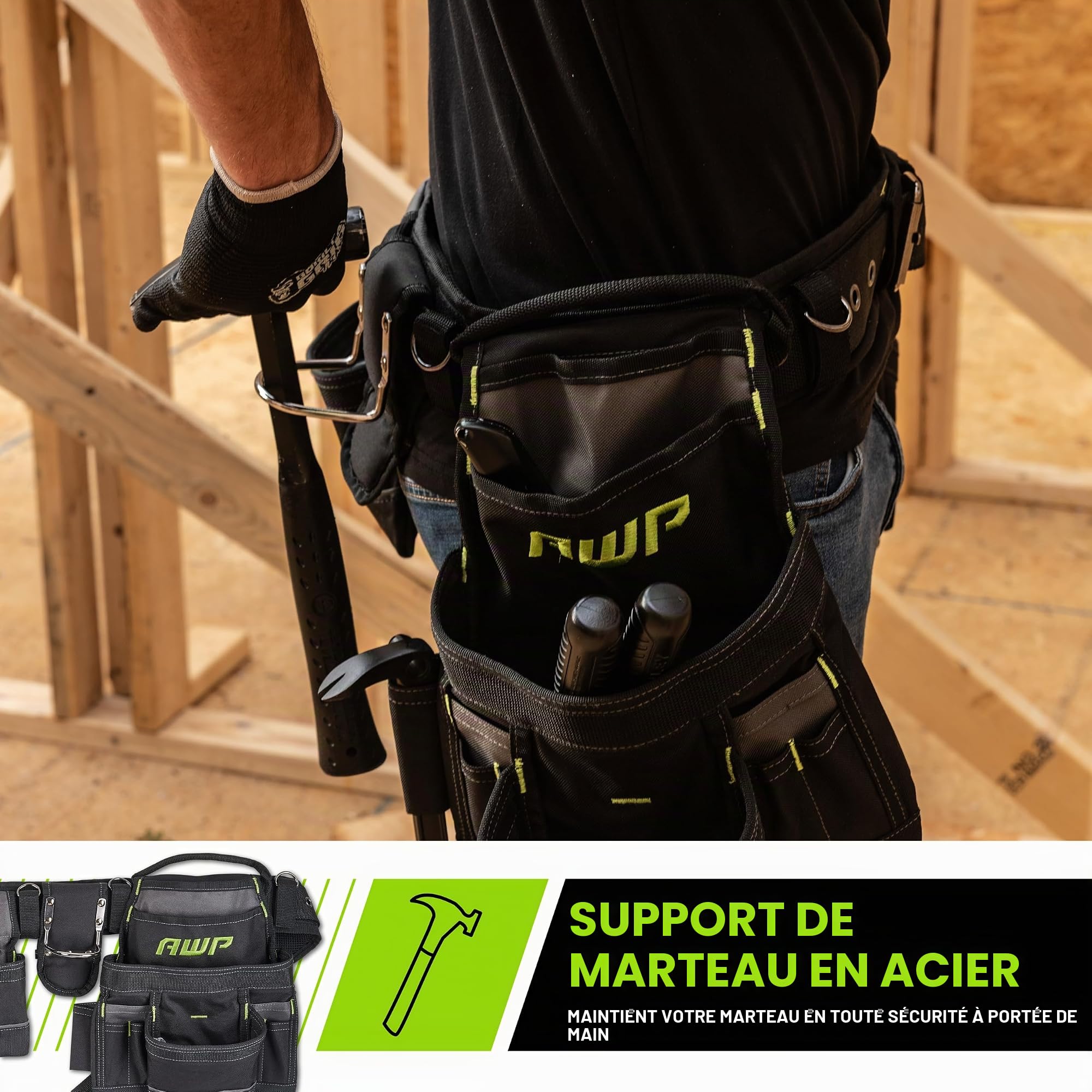 AWP Outil de charpentier avec poignées de transport, ceinture à outils de qualité supérieure, ceinture rembourrée en maille aérée pour tour de taille jusqu'à 127 cm, noir