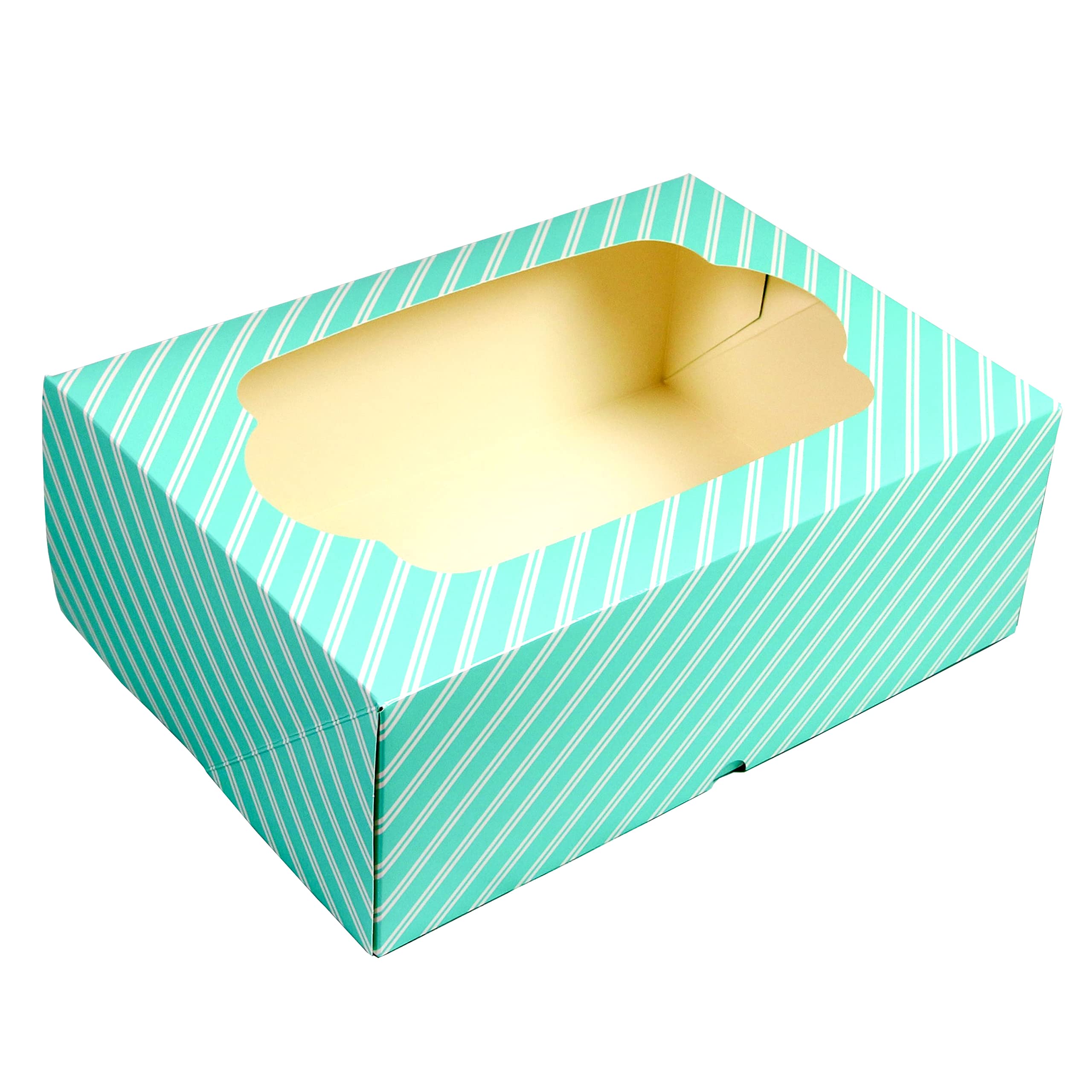Global Sugar Art Caja de 12 cupcakes con ventana e inserciones para cupcakes, diseño de rayas azules de 14 x 10 x 4 pulgadas, 5 unidades
