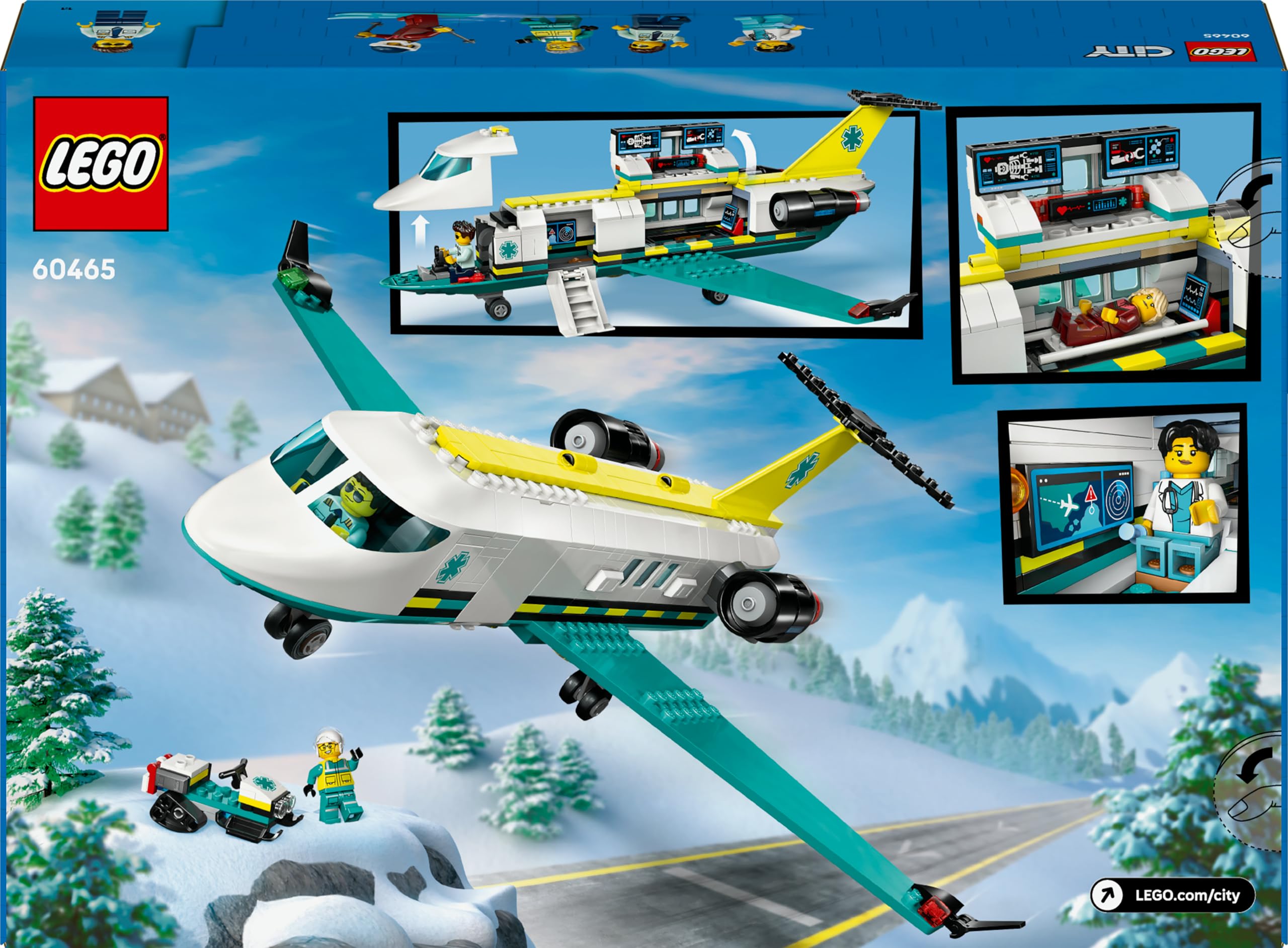 LEGO City Ambulancia Aérea de Emergencia - Juego Médico con Avión Sanitario de Juguete - 4 Minifiguras inc. Médica y Piloto - Moto de Nieve, Camilla y Herramientas - Regalo para Niños de 6+ Años 60465