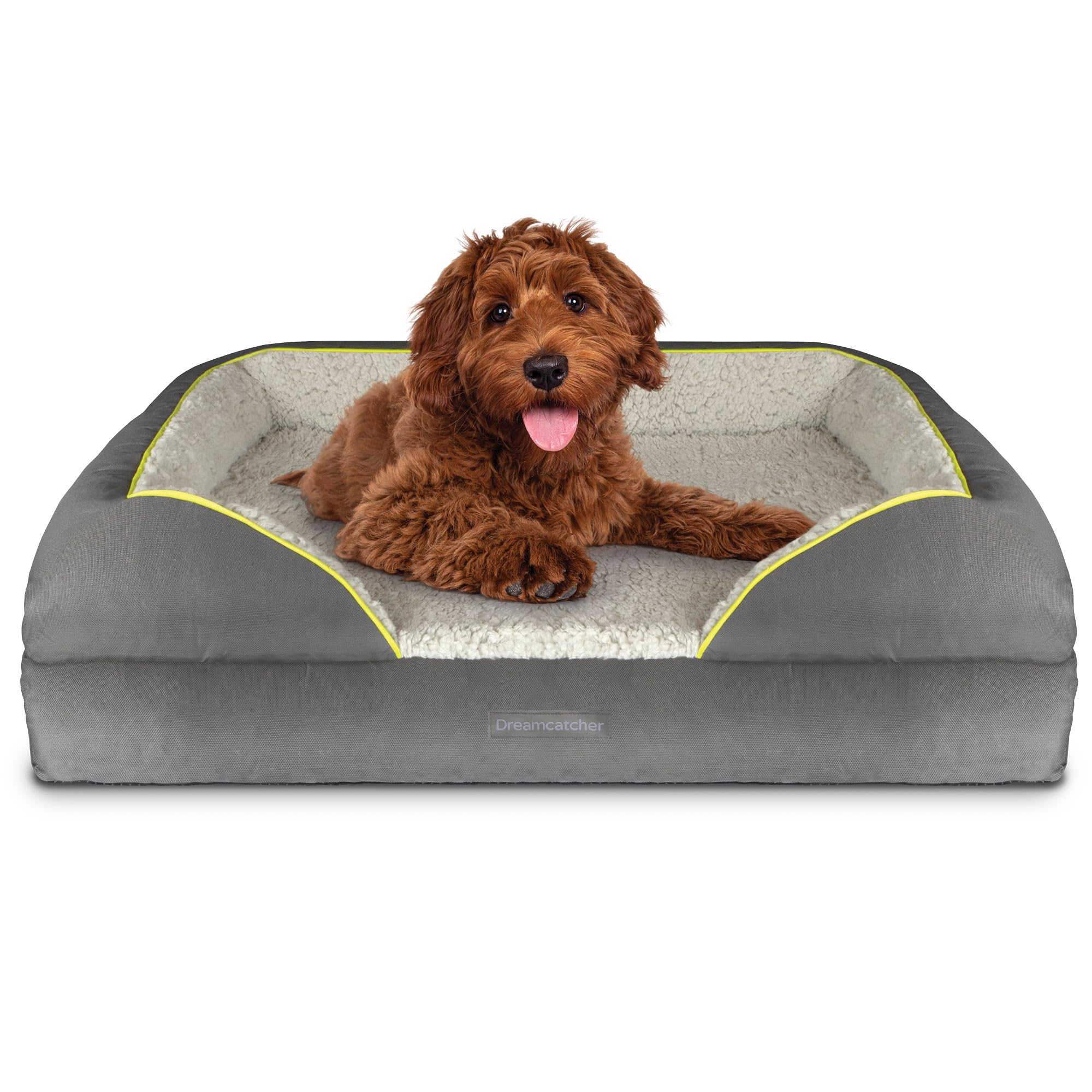 Dreamcatcher Large Dog Bed 89x63x20cm, Orthopaedic Memory Foam Bolster and Non Slip Base with Sherpa Fleece Top. Grey Waterproof Oxford Fabric Sides and Removable Washable Cover
