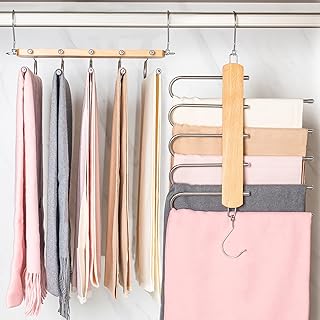 Unjumbly 2 Pack Magic Pants Hangers - Space Saving Hanging Closet Organizer for Trousers, Jeans, Leggings, Skirts, Scarves, Stainless Steel Wooden Hangers