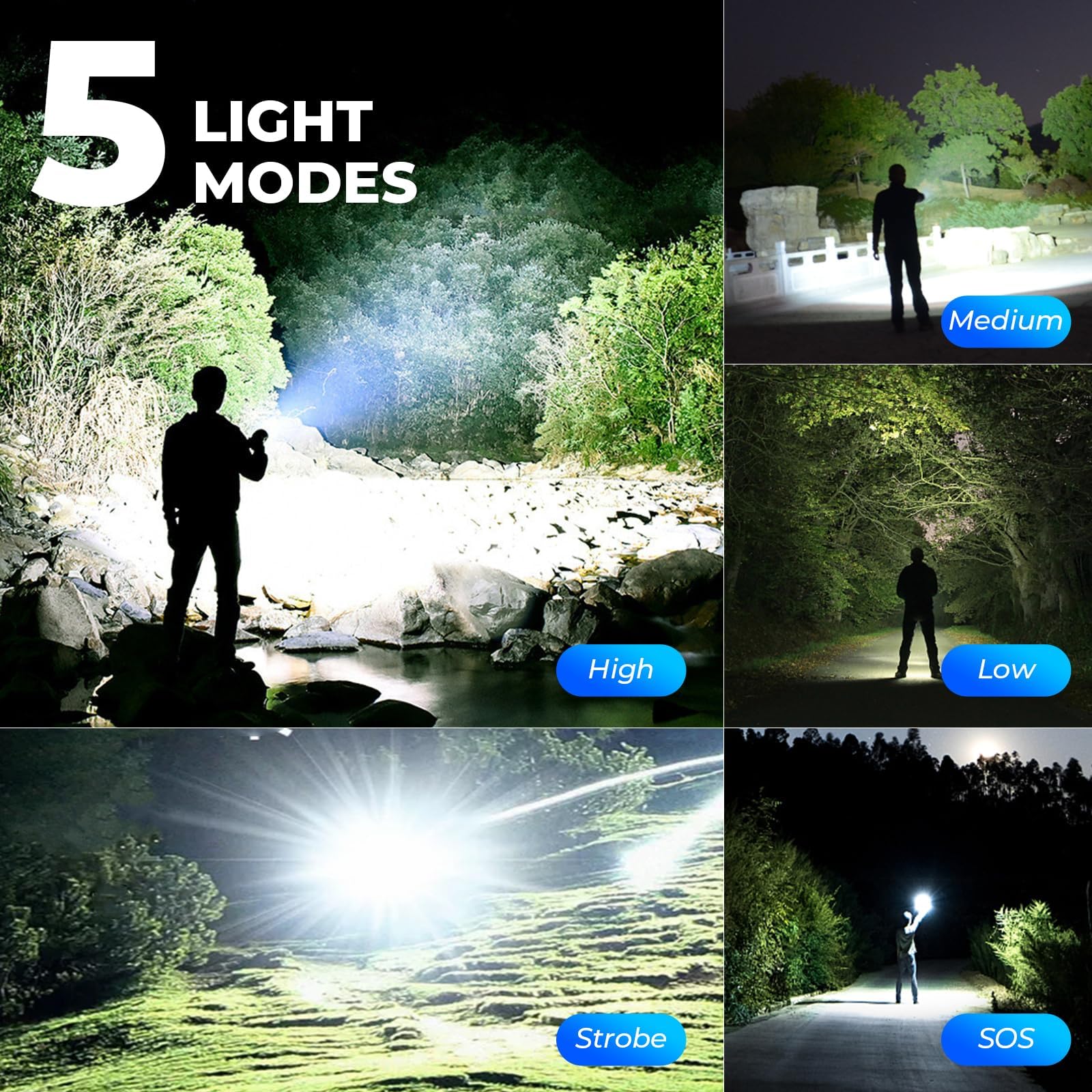 Paquete de 3 linternas recargables de alto lúmenes, 99,000 lúmenes, luz LED súper brillante para el hogar con 5 modos, potente linterna de mano impermeable para emergencias de camping
