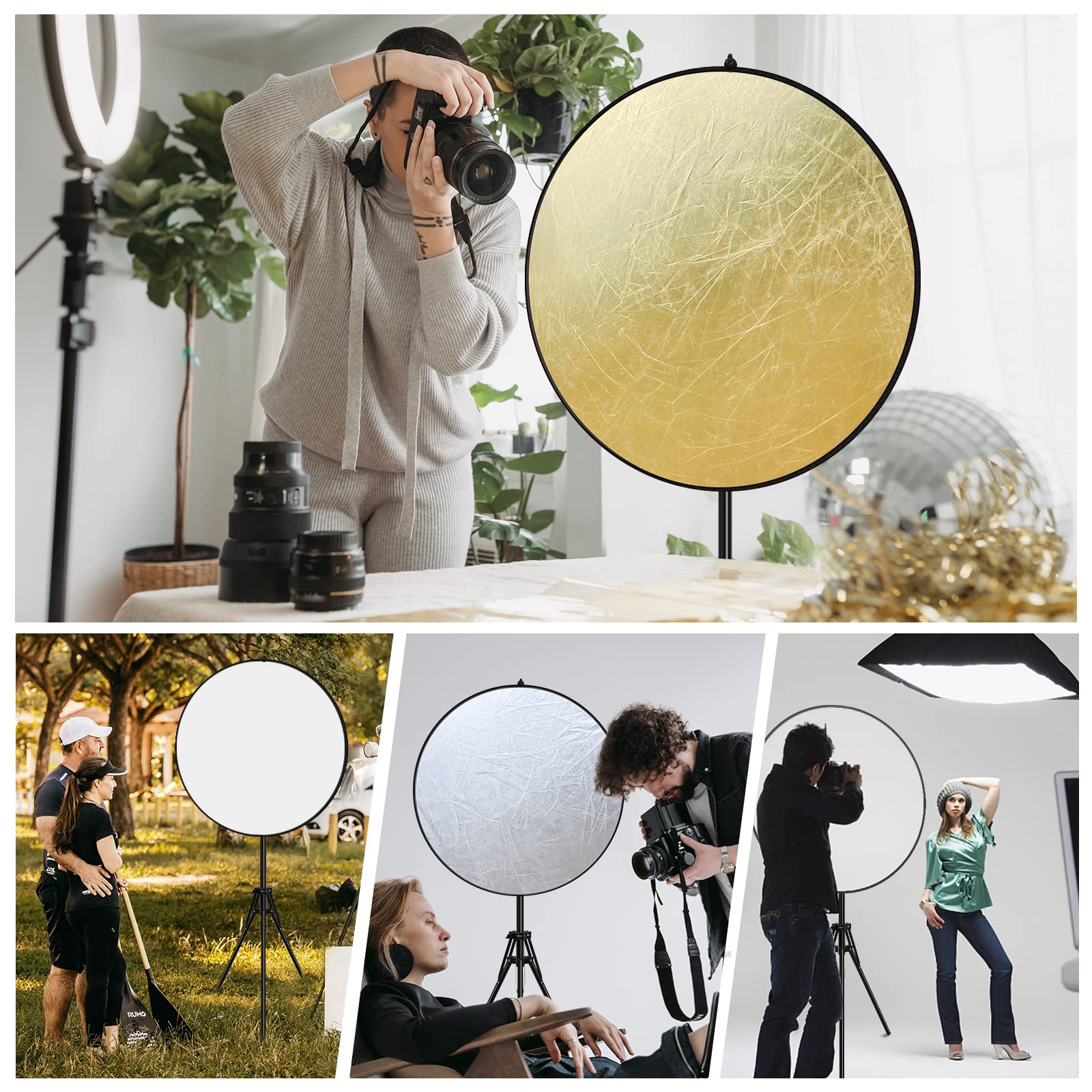 Spardar 110CM 5 in 1 Reflektor Mit Stativ, Runder Faltreflektor (Diffusor und Gold/Silber/Weiß/Schwarz Reflektor Fotografie) Mit Reflektorhalter und 200cm ausziehbarem Halterung für Studio Fotografie
