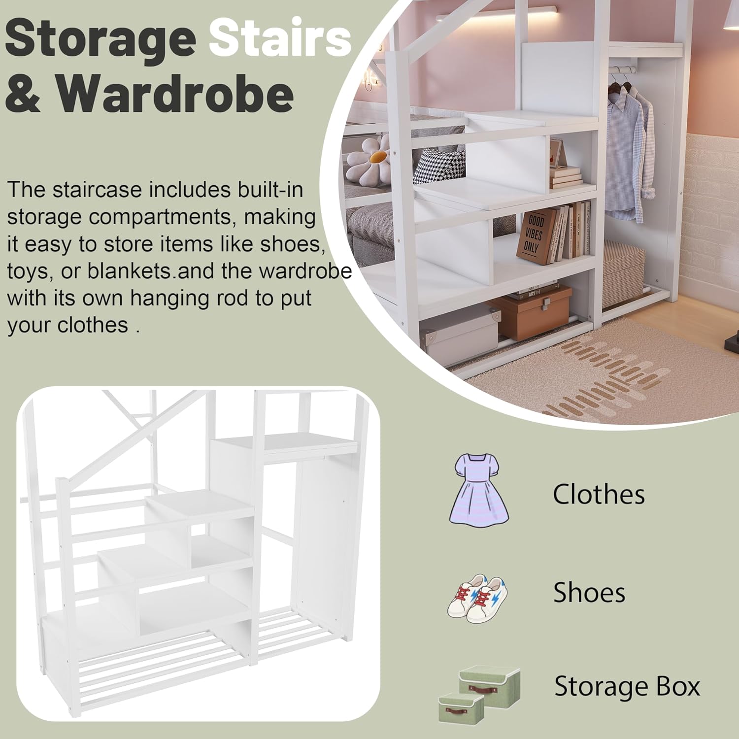 Queen Loft Bed with Stairs, Metal Loft Beds Queen Size Adults with Storage Shelves and Wardrobe, Heavy Duty High LoftBed for Teens, No Box Spring Needed, No Noise,White