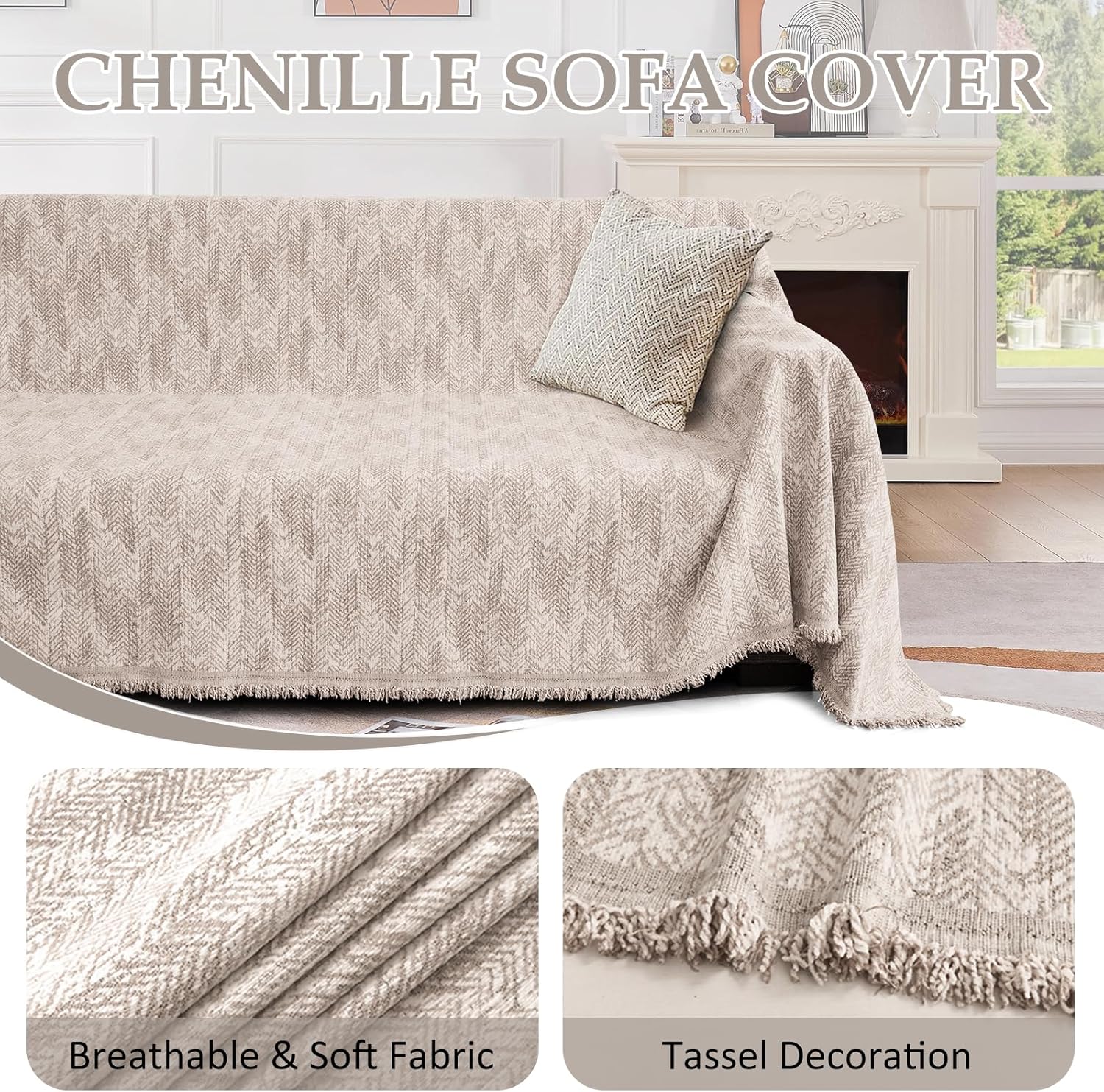 1OO% Waterproof Sectional Couch Covers for Dogs L Shaped Corner Sofa Cover Washable Chenille Sofa Slipcovers Blanket Modern Jacquard Pet Furniture Protector (91"x276", Light Khaki)