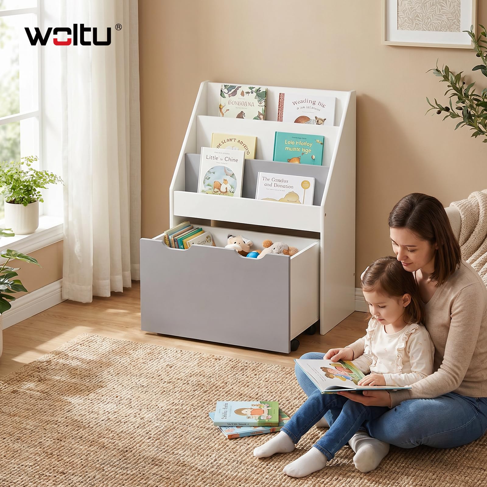 WOLTU Étagère à Livres pour Enfants Bibliothèque en MDF Boîte de Rangement avec 3 Compartiments et 4 roulettes intérieurs, Gris et Blanc
