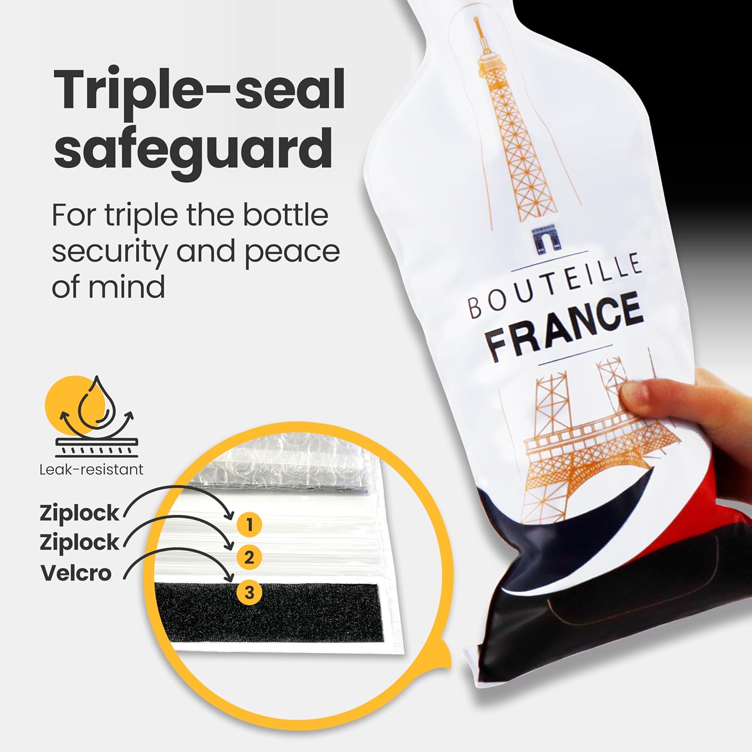 JIMMY THE FOX | Reusable Wine Bags for Travel | 3-Pack | Durable Triple-Layer Bottle Protector Sleeve | Leak-Proof & Impact-Resistant | Airplane & Cruise Luggage | Wine Lover Gifts - Bottle France - Image 7