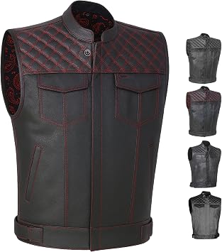 SOA Mens Motorcycle Vest, Genuine Buffalo Leather, Armor PaisleyRed S