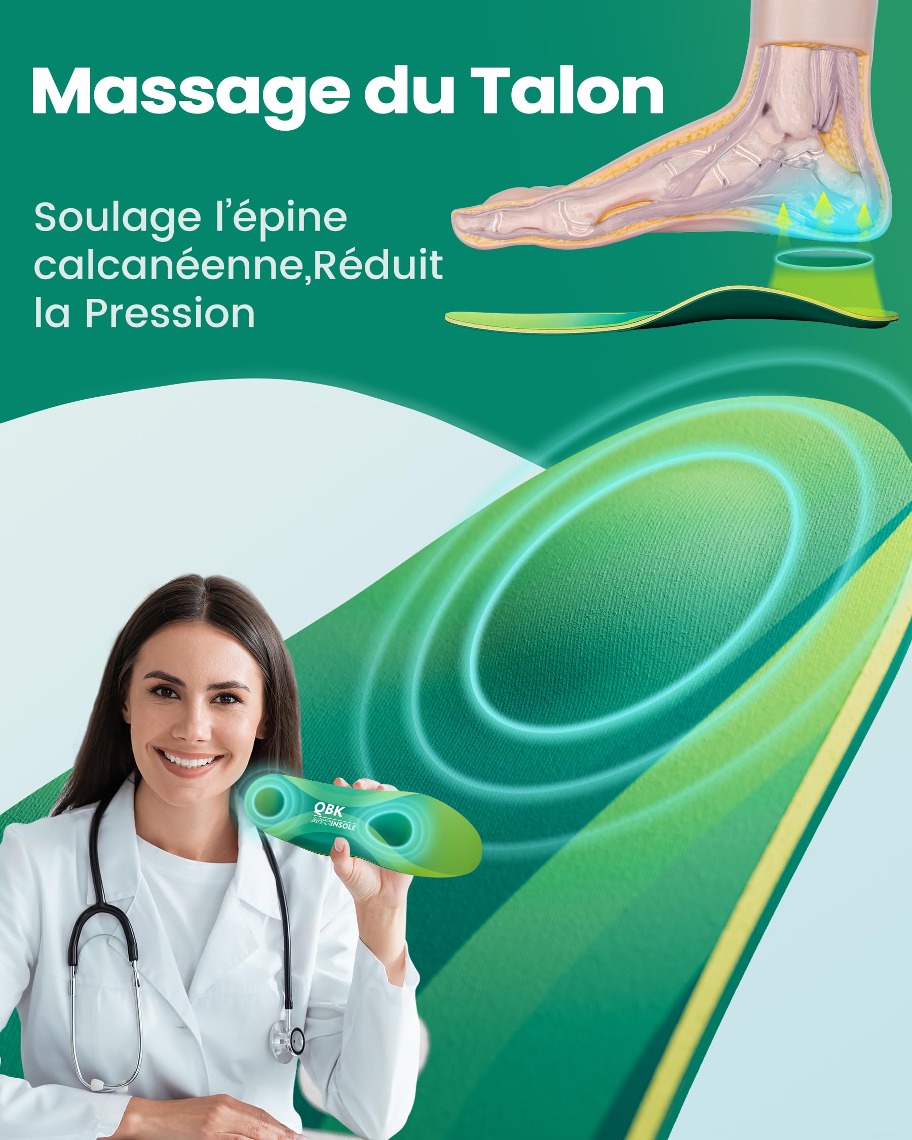 Semelles de soutien QBK pour la fasciite plantaire Semelles rembourrées pour chaussures pour la tendinite d'Achille Pieds plats Métatarsalgie Voûte plantaire élevée 3XL