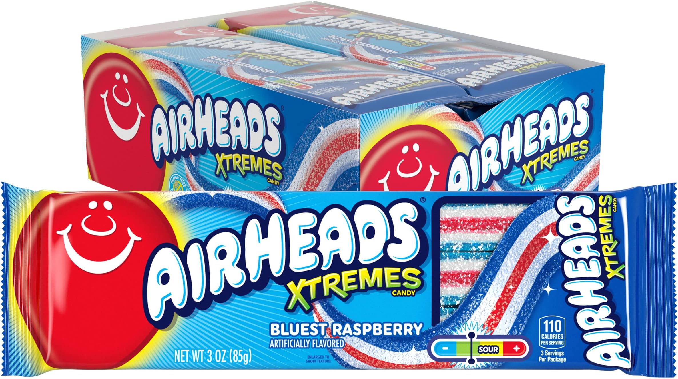 Airheads Xtremes Belts Candy, Chewy Candy Package, Bluest Raspberry Fruit Flavor Artificially Flavored, 3 Ounces (12-Pack)