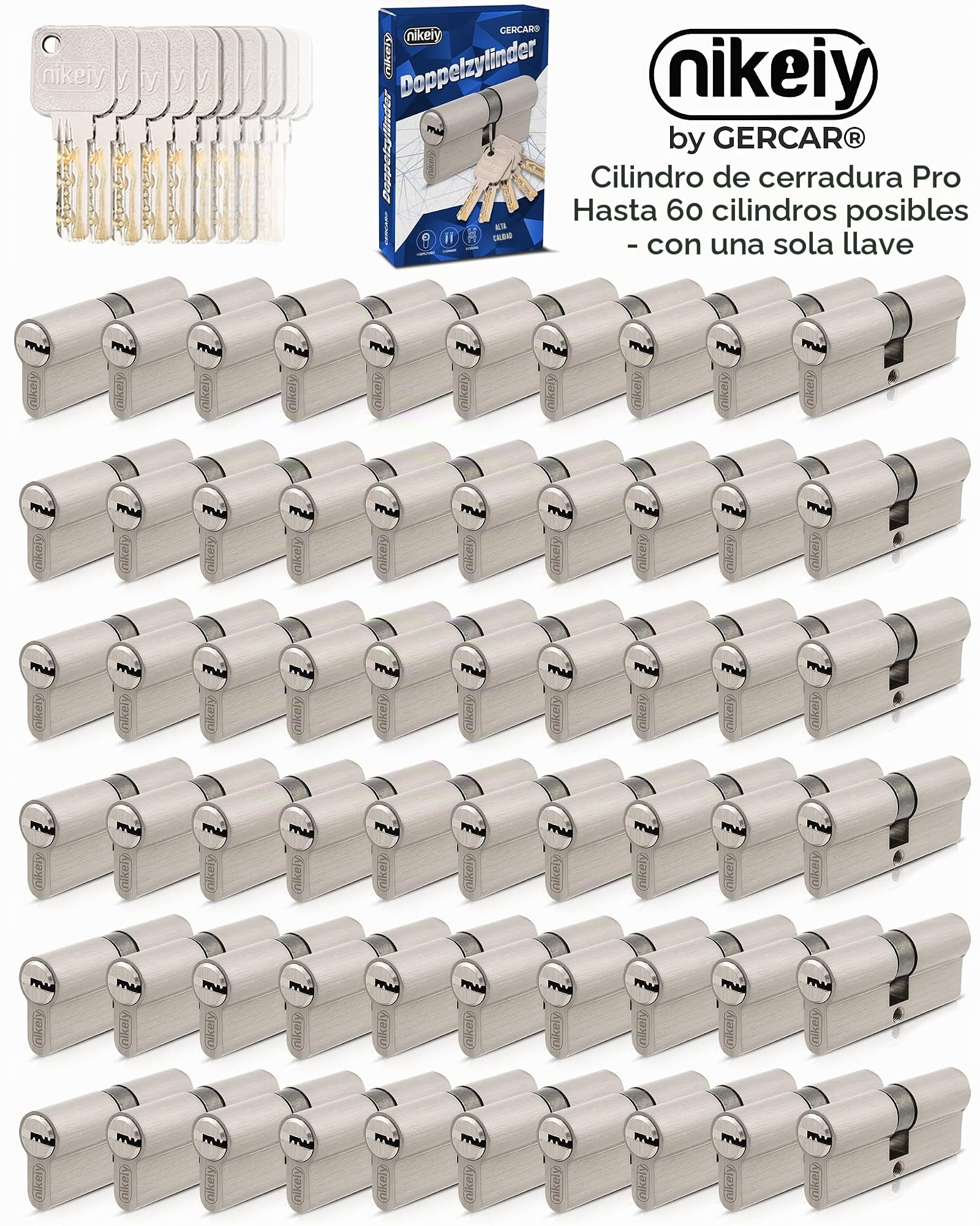 GERCAR Pro 3 Cilindros de Cierre 30/30 Con Cierre Uniforme, 15 Llaves, Cerradura de 60 mm, Longitud: 60 mm, A: 30 B: 30 mm, Latón Macizo Mate